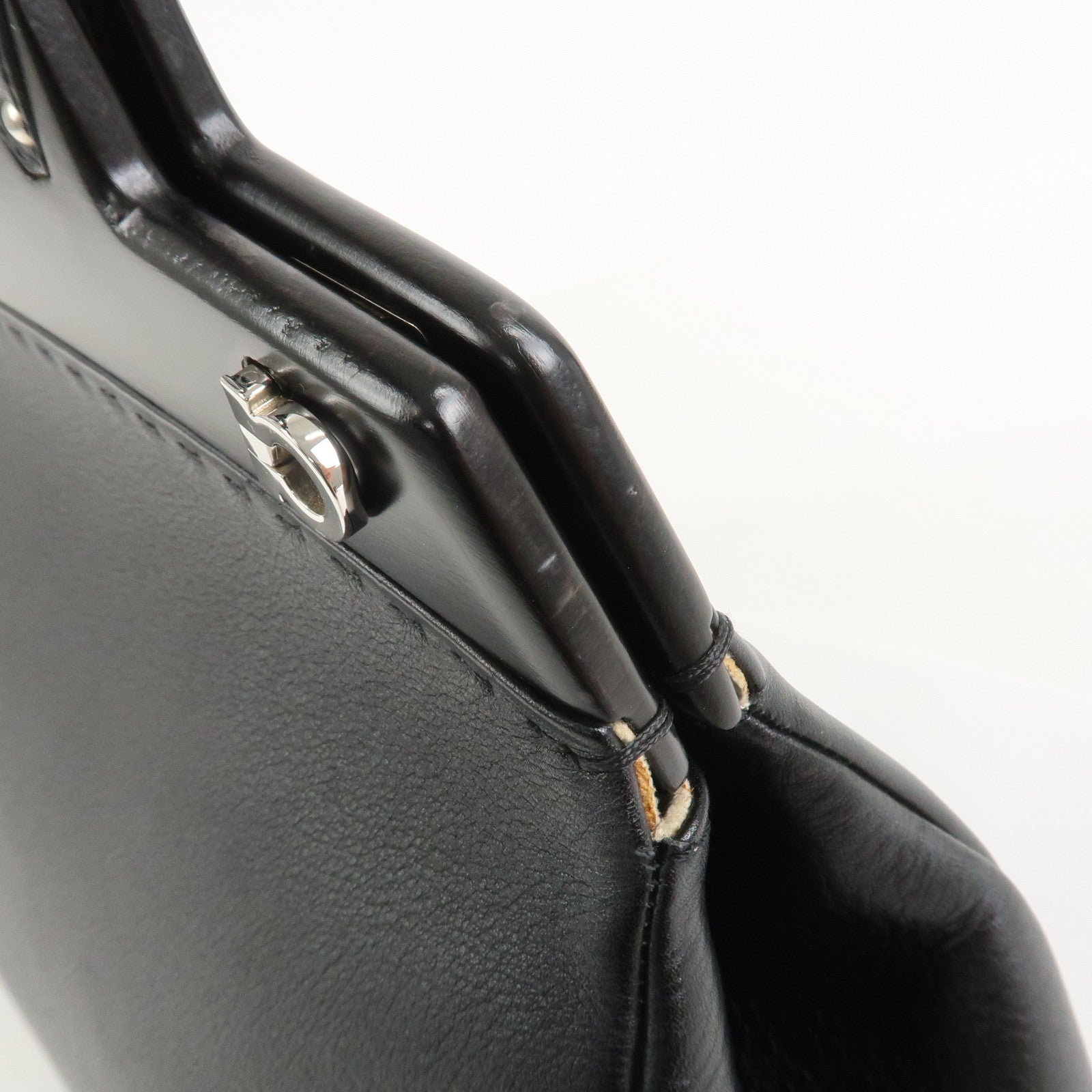 Ferragamo Gancini Leather Wood Shoulder Bag Hand Bag Black