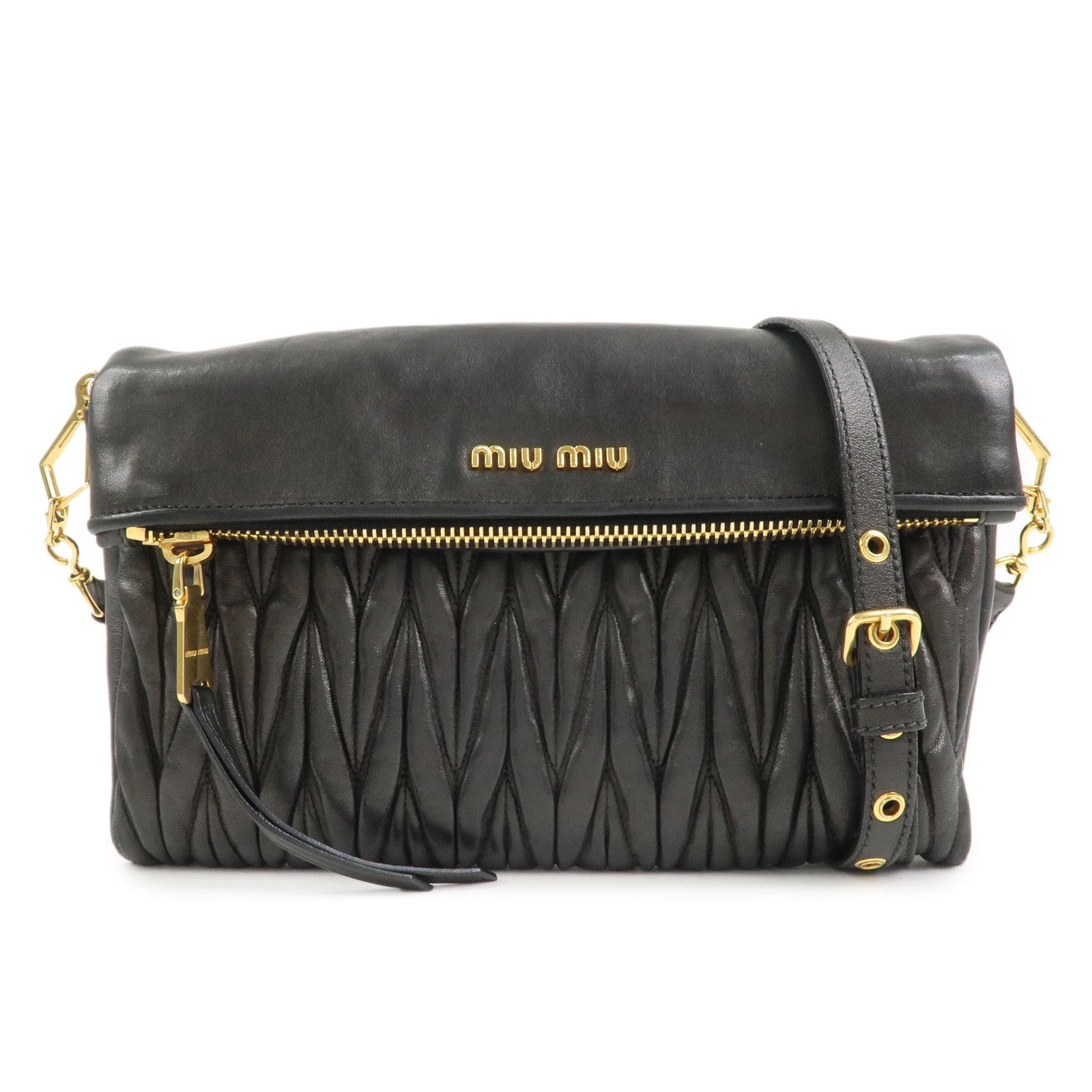 MIU MIU Matelasse Logo Leather Shoulder Bag Black RP0385
