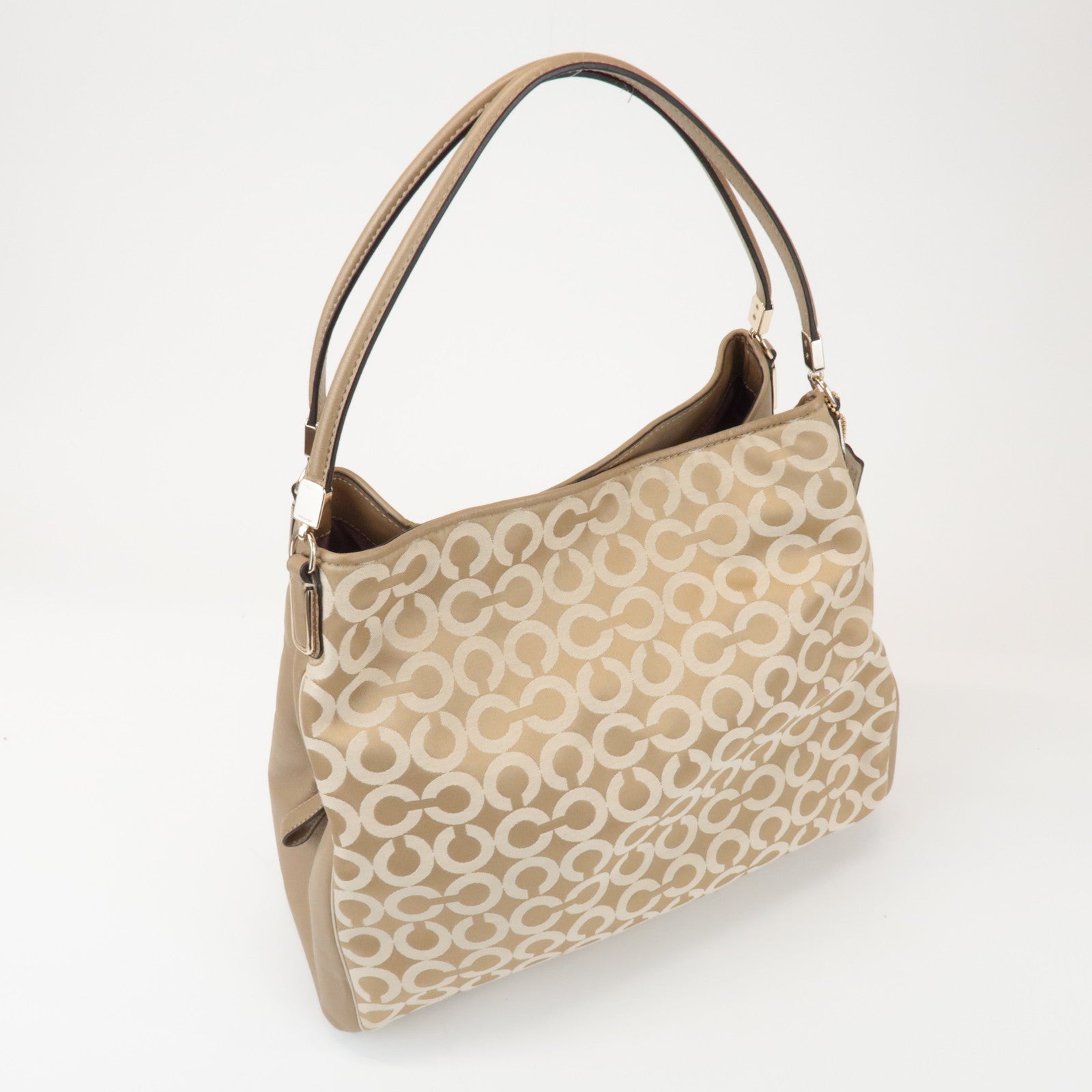 COACH Op Art Satin Leather Shoulder Bag Hand Bag Gold Beige