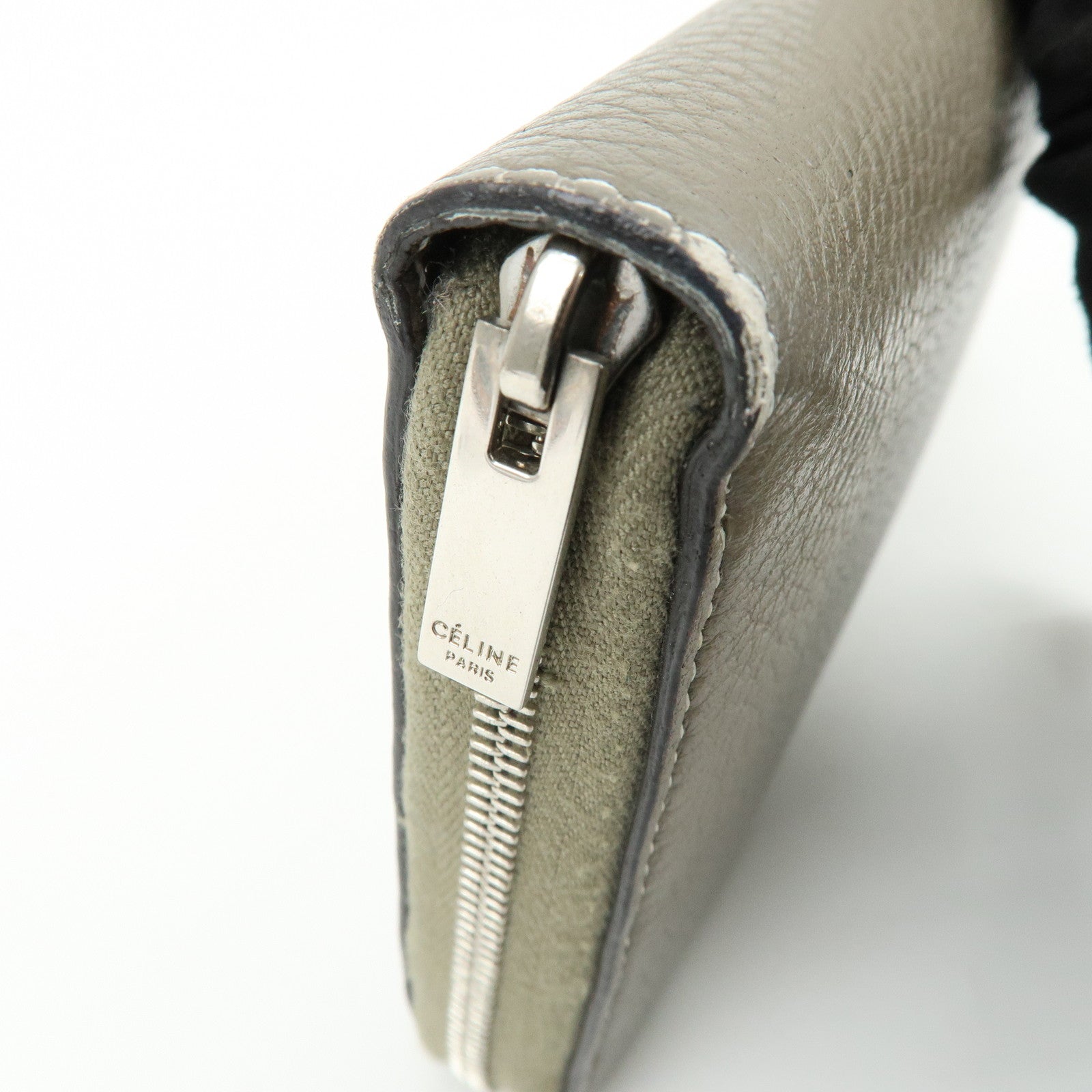 CELINE Logo Claf Leather Round Zippy Long Wallet Greige Beige