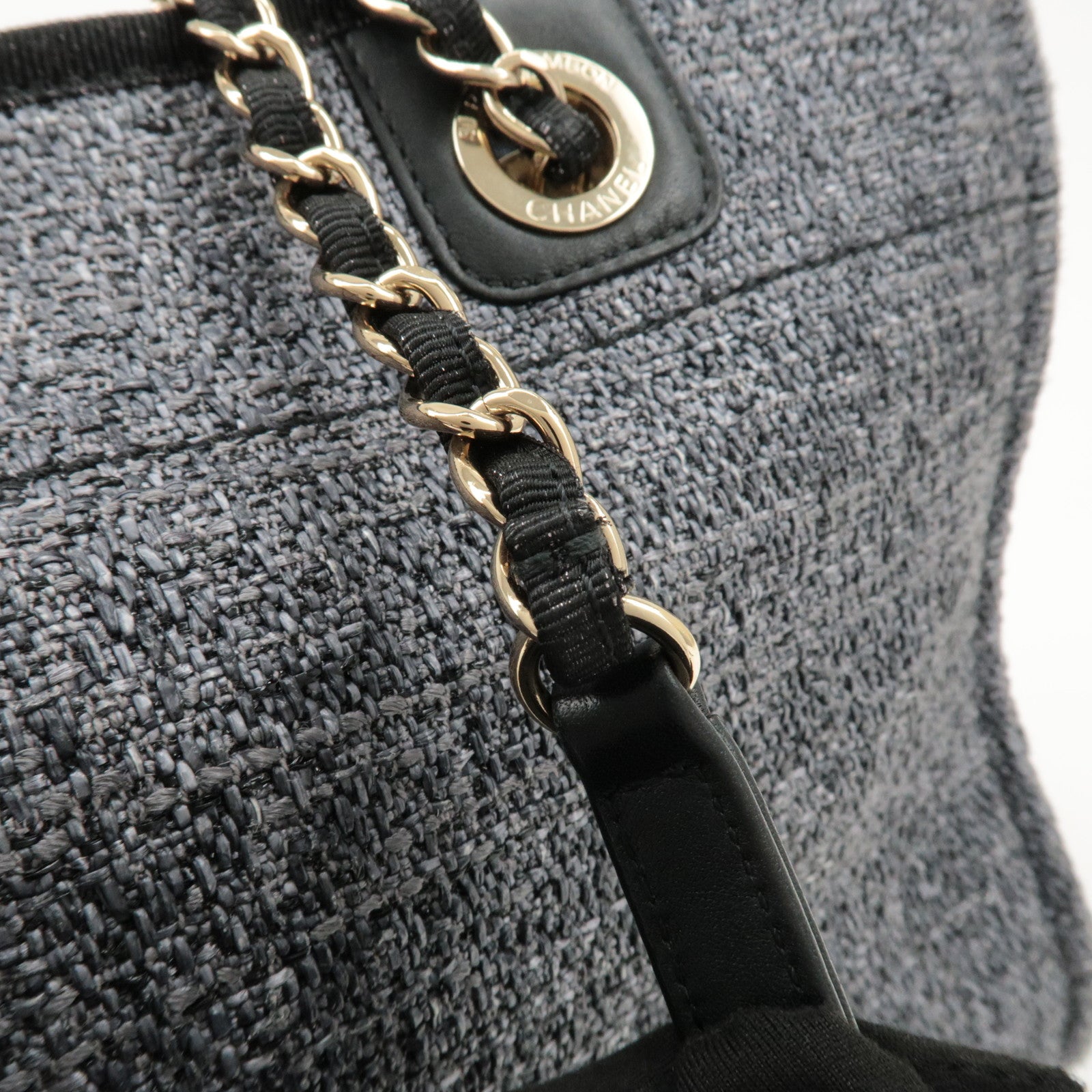 CHANEL Deauville Raffia Leather Chain Tote Bag MM Navy A66941 Used