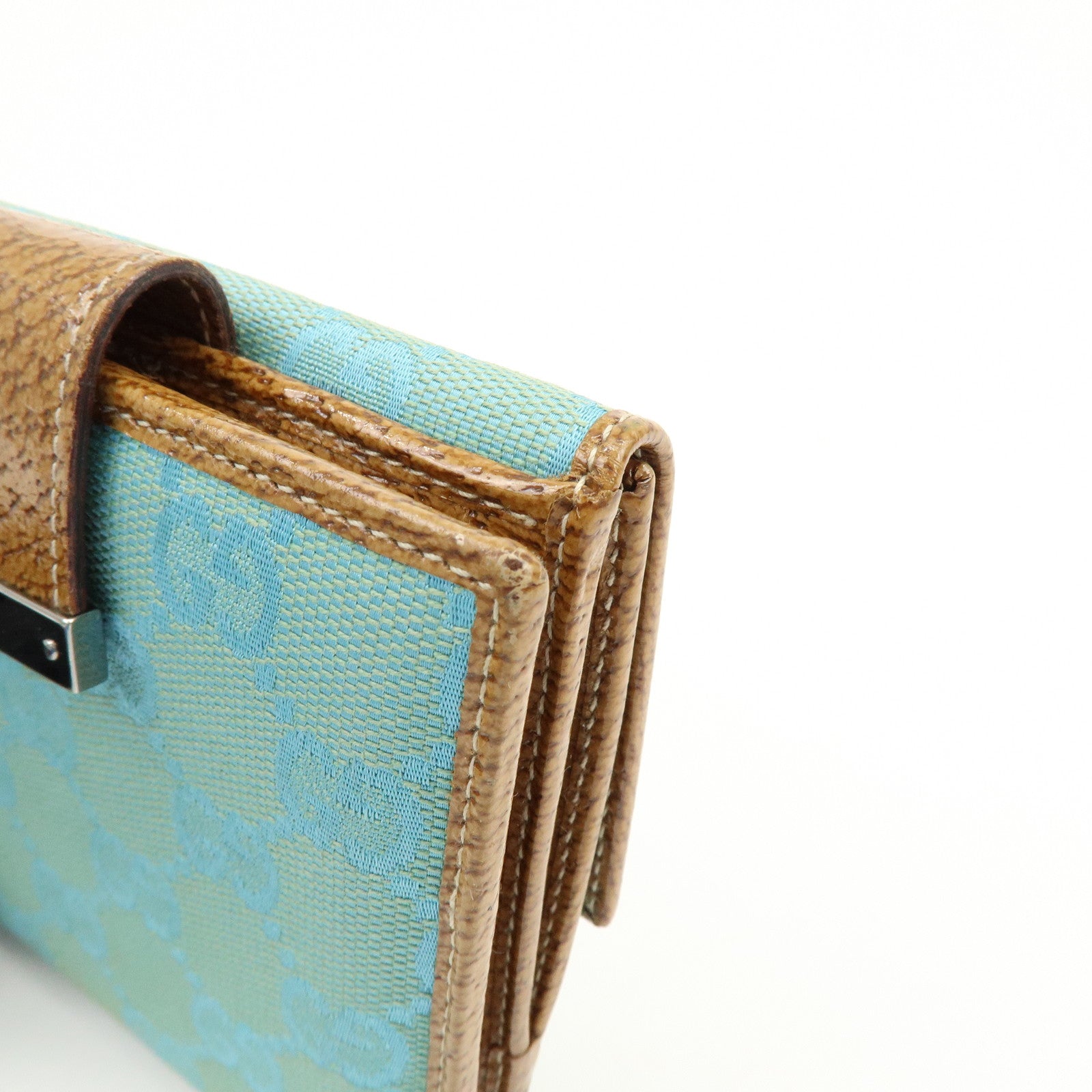 GUCCI GG Canvas Leather Compact Wallet Light Blue Brown 115090