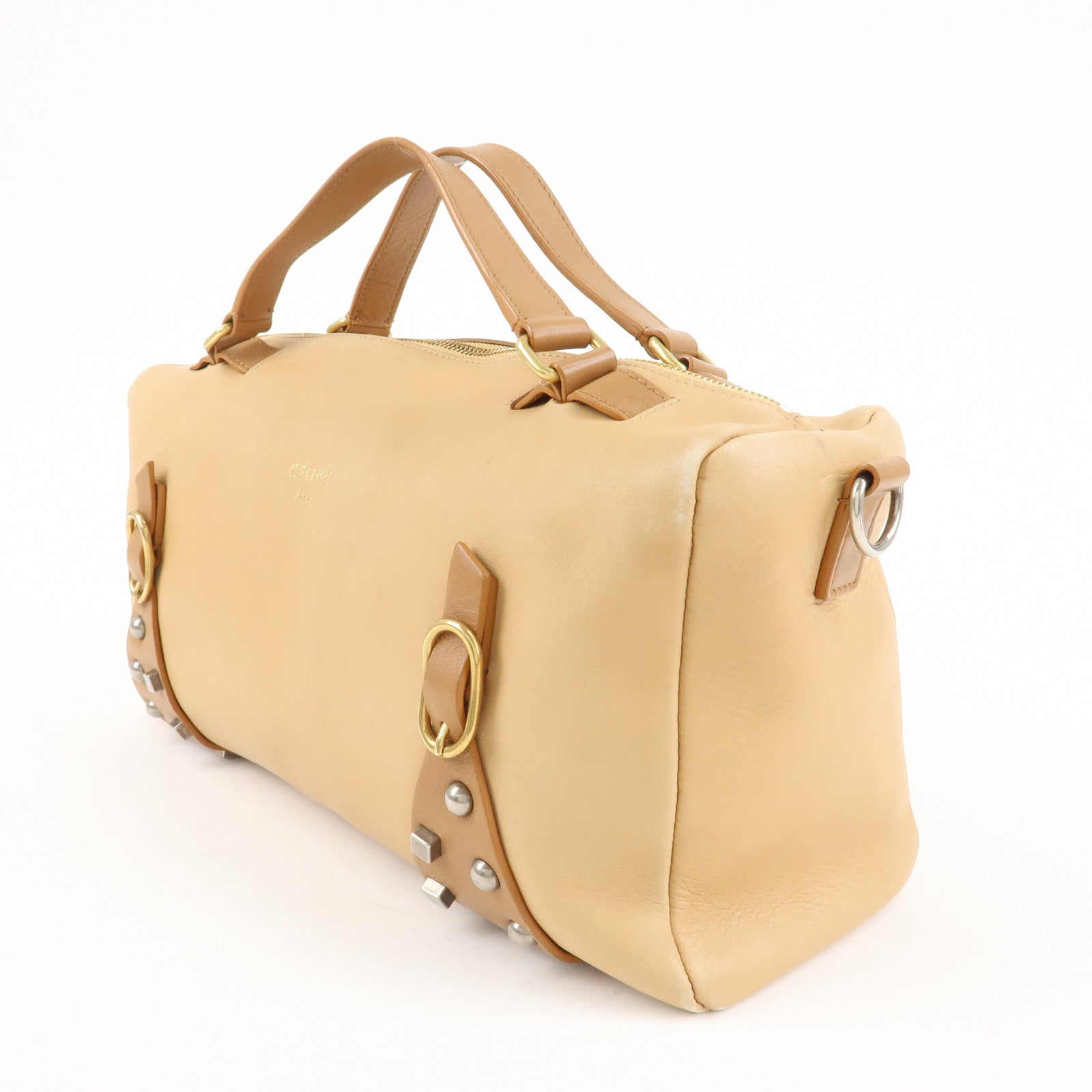 CELINE Leather 2Way Boston Bag Shoulder Bag Beige Brown Used