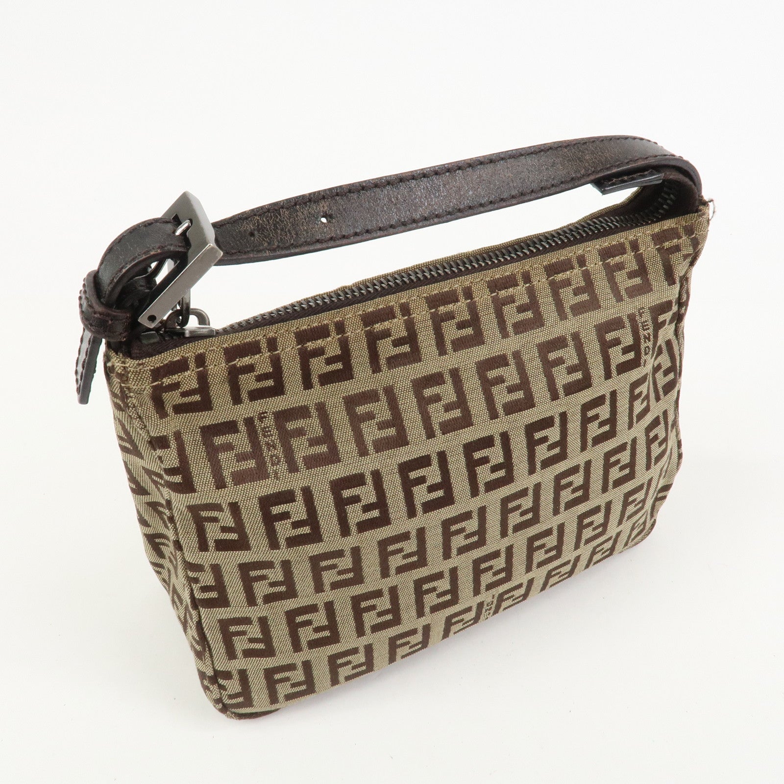 FENDI Zucchino Canvas Leather Hand Bag Pouch Bag Brown 8N0001
