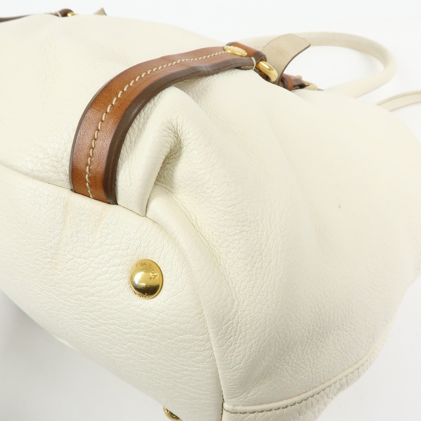PRADA Leather 2Way Bag Hand Bag Shoulder Bag Ivory Brown BN1773