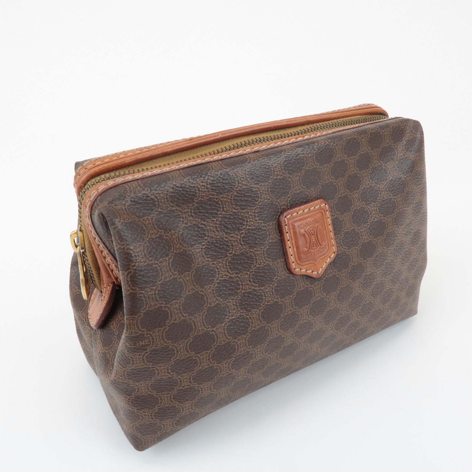 CELINE Macadam PVC Leather Canvas Pouch Brown Gold Hardware