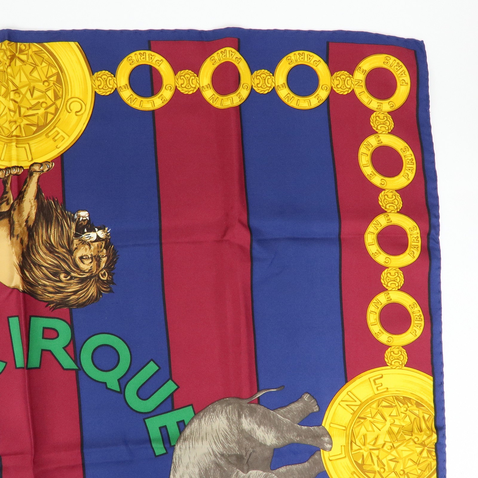 CELINE Silk 100% Scarf Le Cirque Lion Elephant Motif Navy Blue