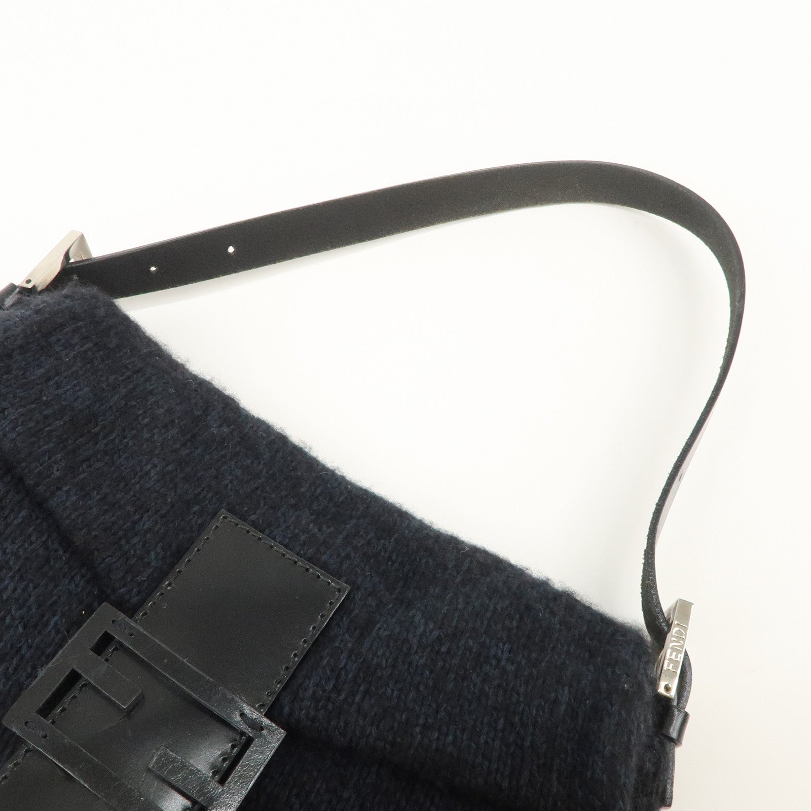 FENDI Mamma Baguette Knit Leather Shoulder Bag Dark Navy 26424