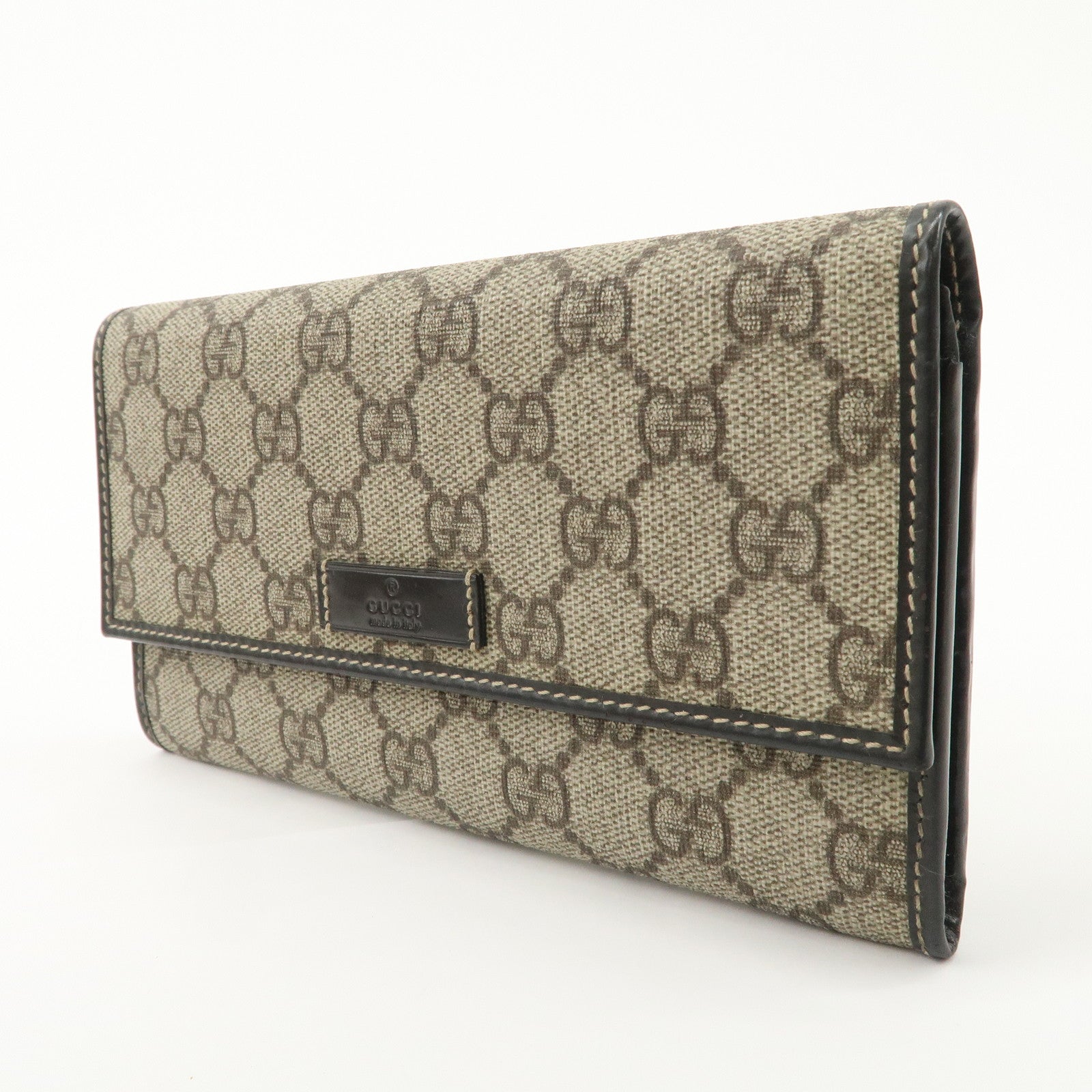 GUCCI GG Supreme Leather Flap Long Wallet Beige Brown 203573 Used