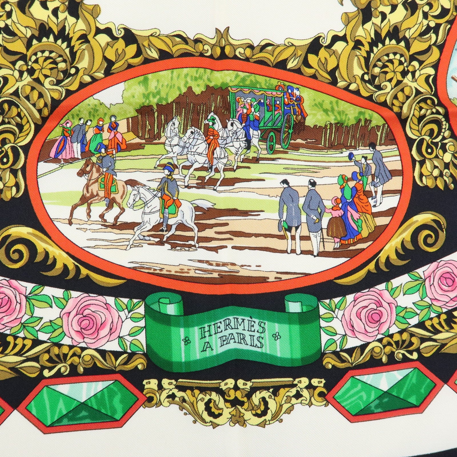 HERMES Carre 90 Silk100% Scarf L'Entente Cordiale Black White Green