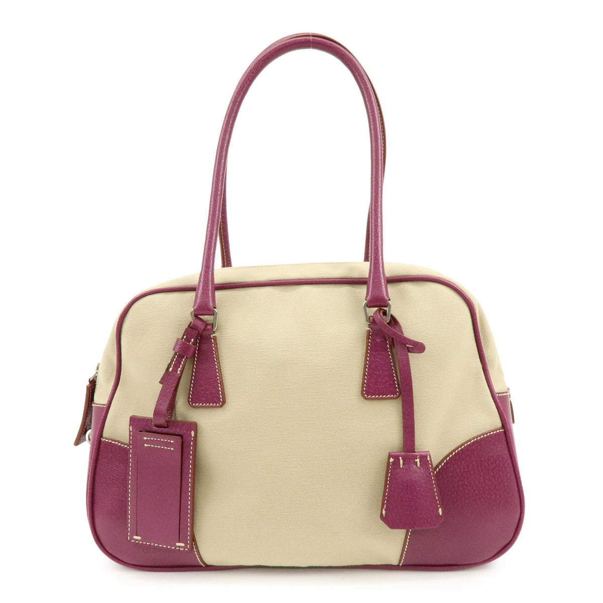 PRADA Triangle Logo Canvas Leather Bowling Bag Natural Purple
