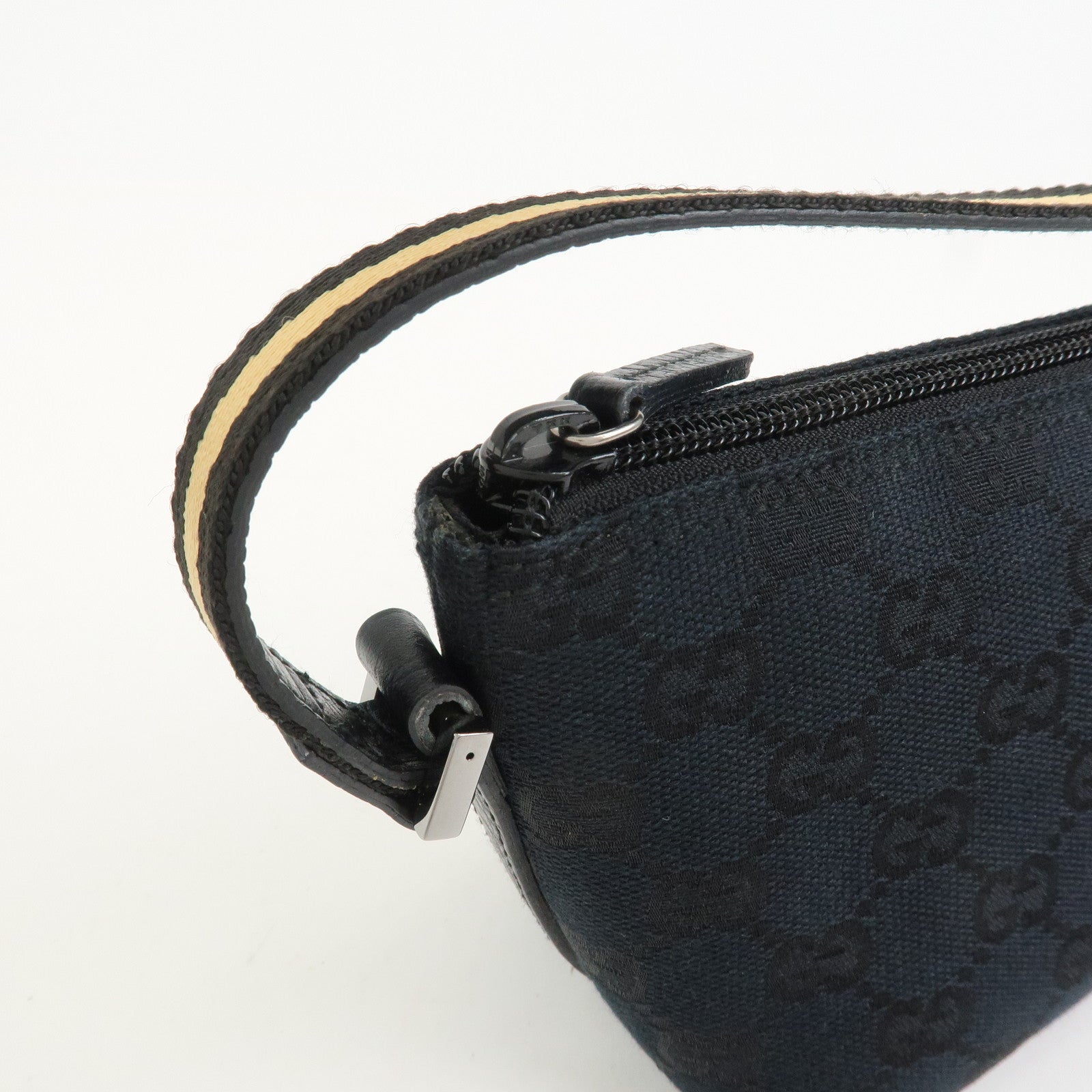 GUCCI Boat Bag Sherry GG Canvas Leather Hand Bag Black 141809