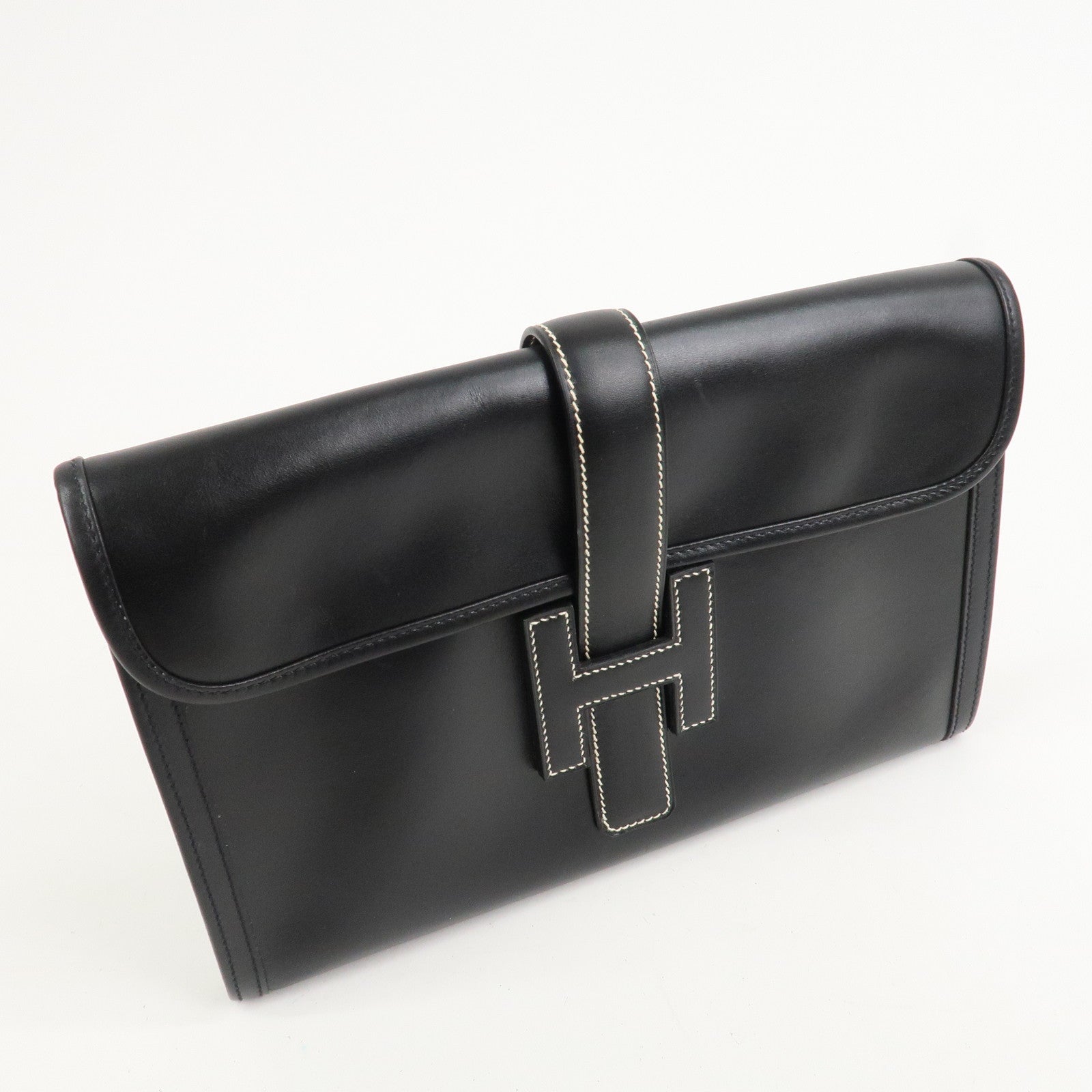 HERMES Box Calf Leather Jige PM Clutch Bag Black