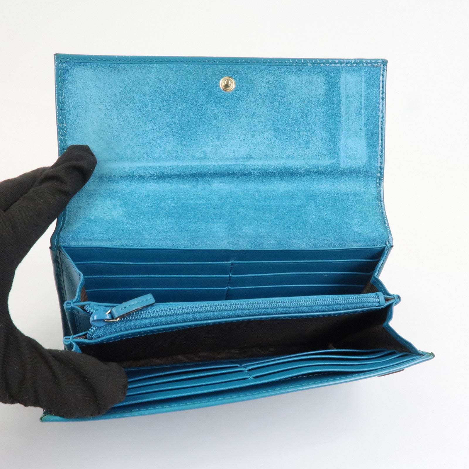 GUCCI Patent Leather Flap Long Wallet Blue Green 309760