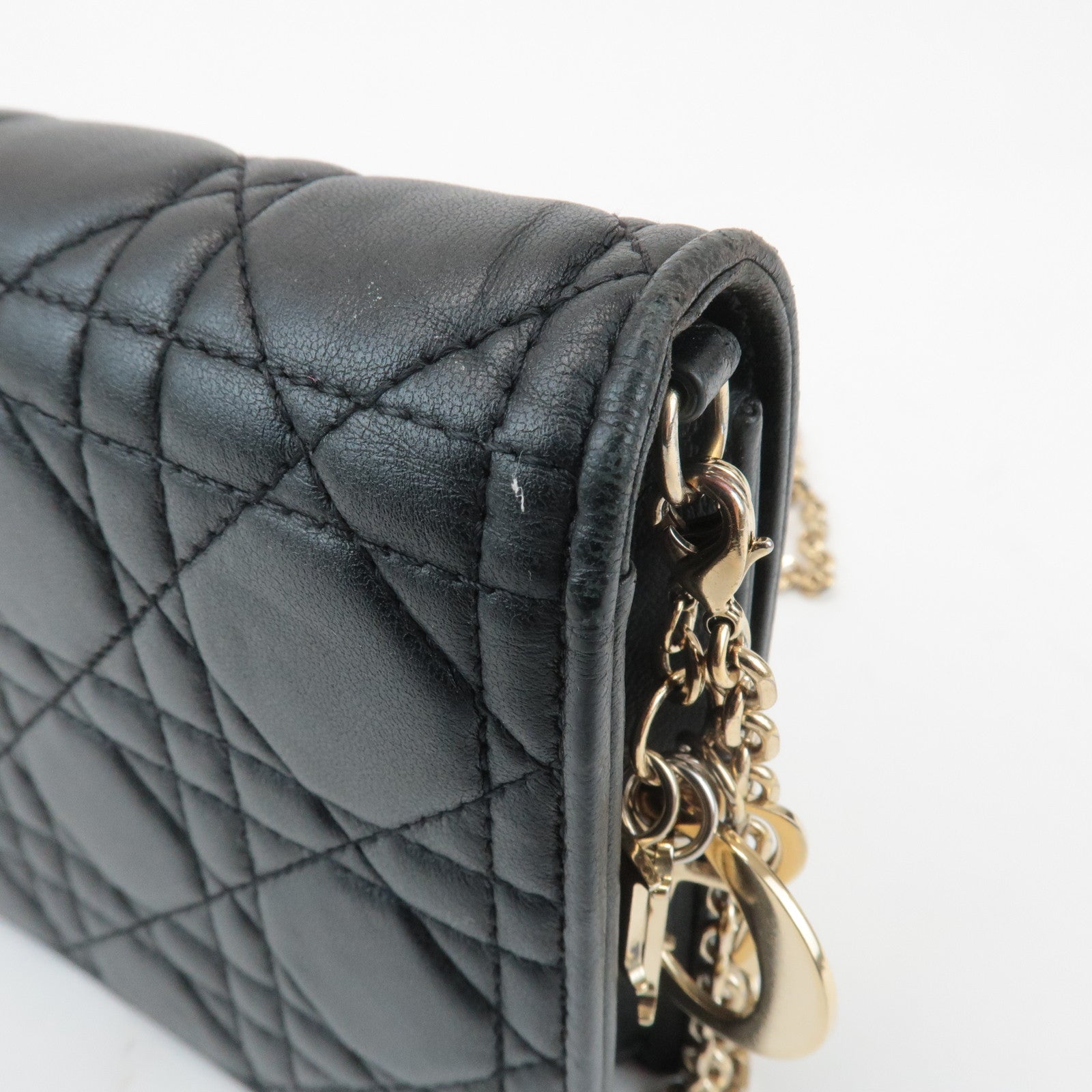 Christian Dior Cannage Leather Chain Shoulder Bag Black Gold Charm