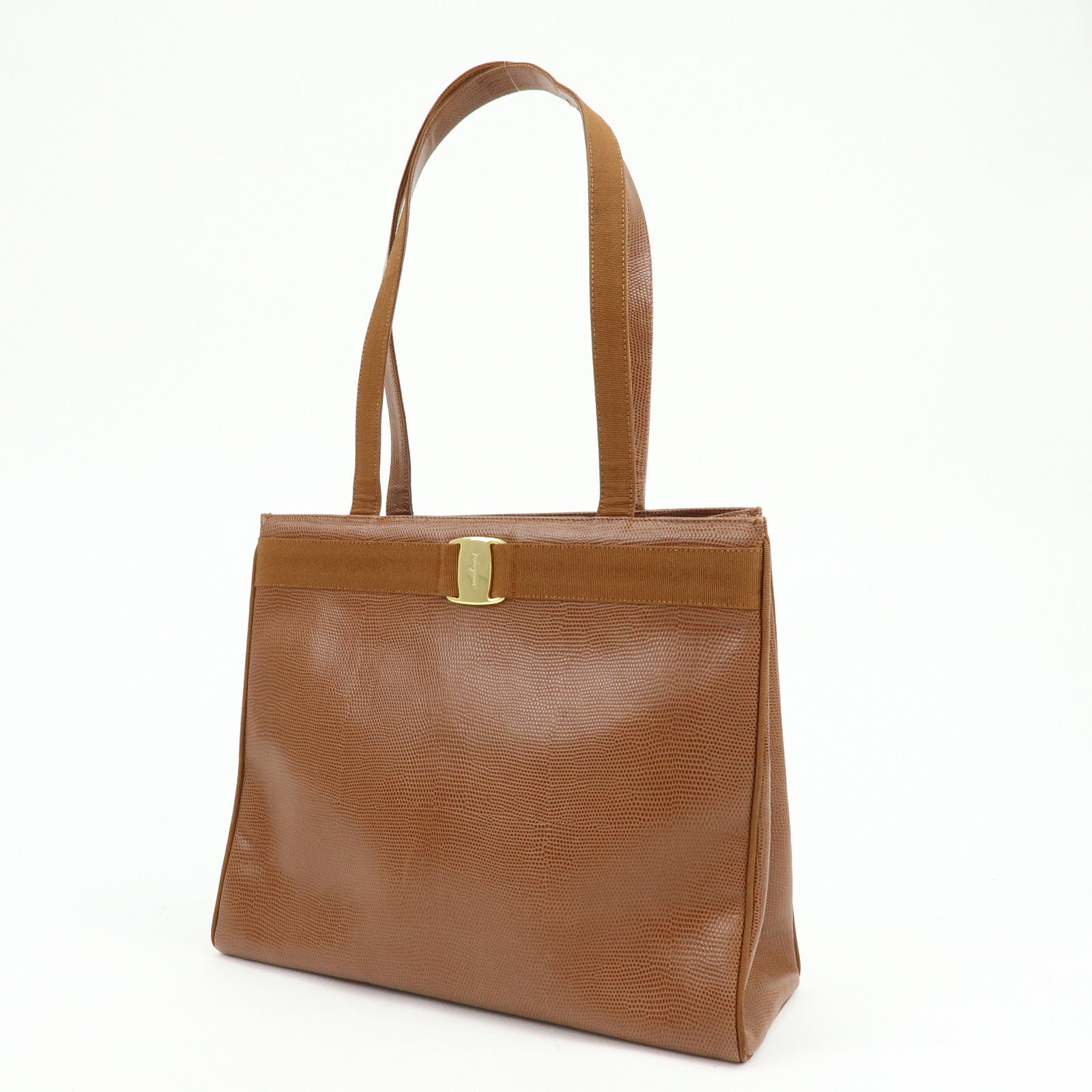 Ferragamo Vara Embossed Leather Tote Bag Shoulder Bag Brown