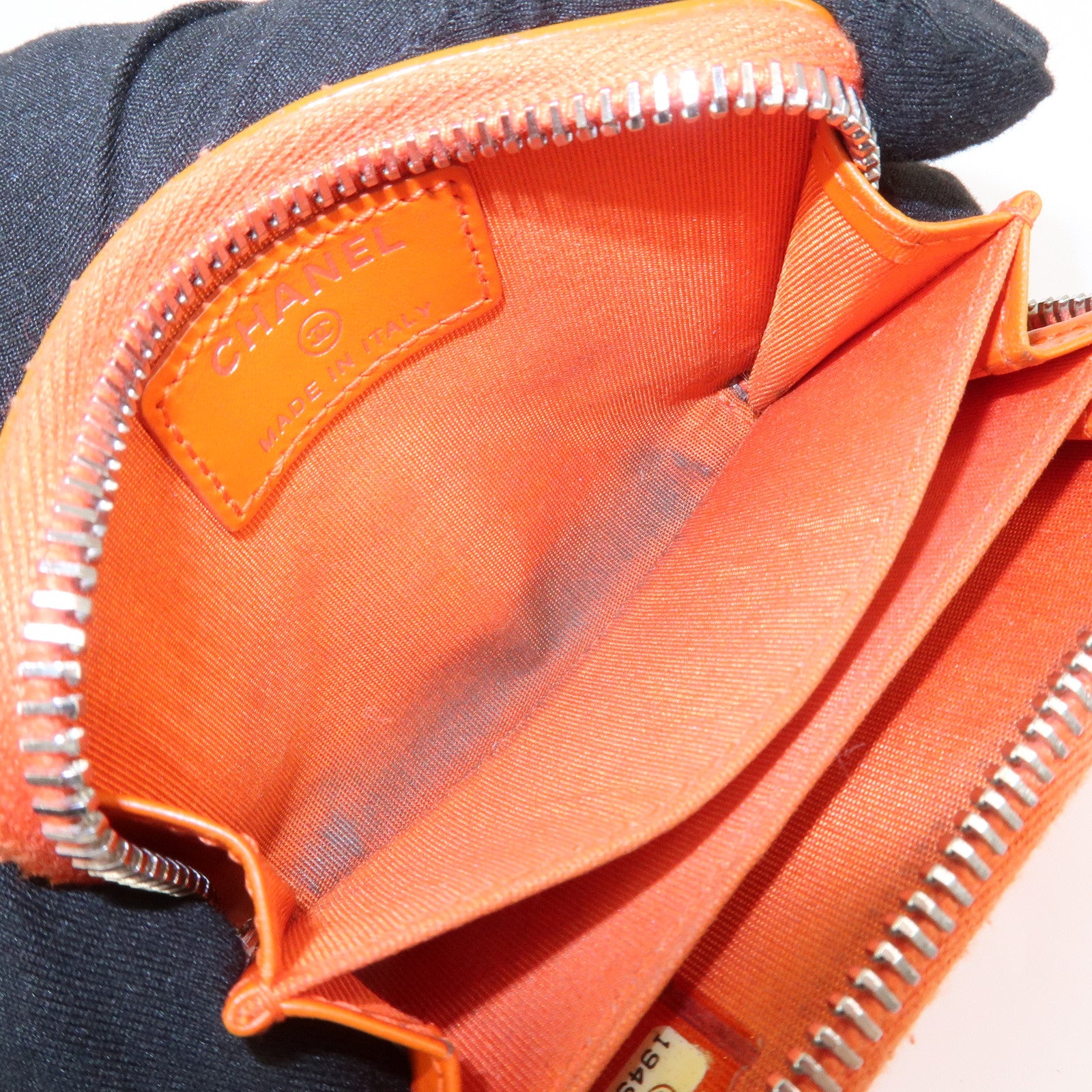 CHANEL COCO Mark Enamel Leather Round Zippy Coin Case Orange A68890 Used