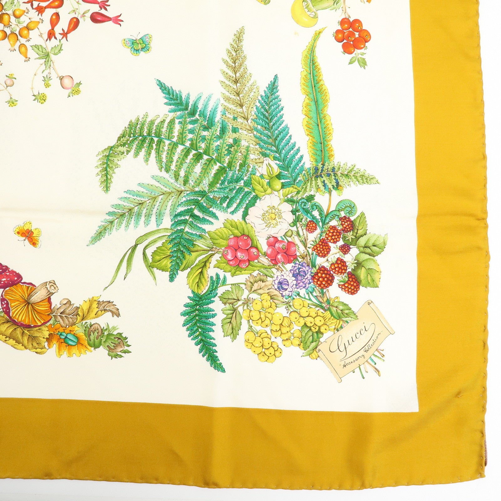GUCCI Silk 100% Scarf Botanical Garden Mastard Yellow White