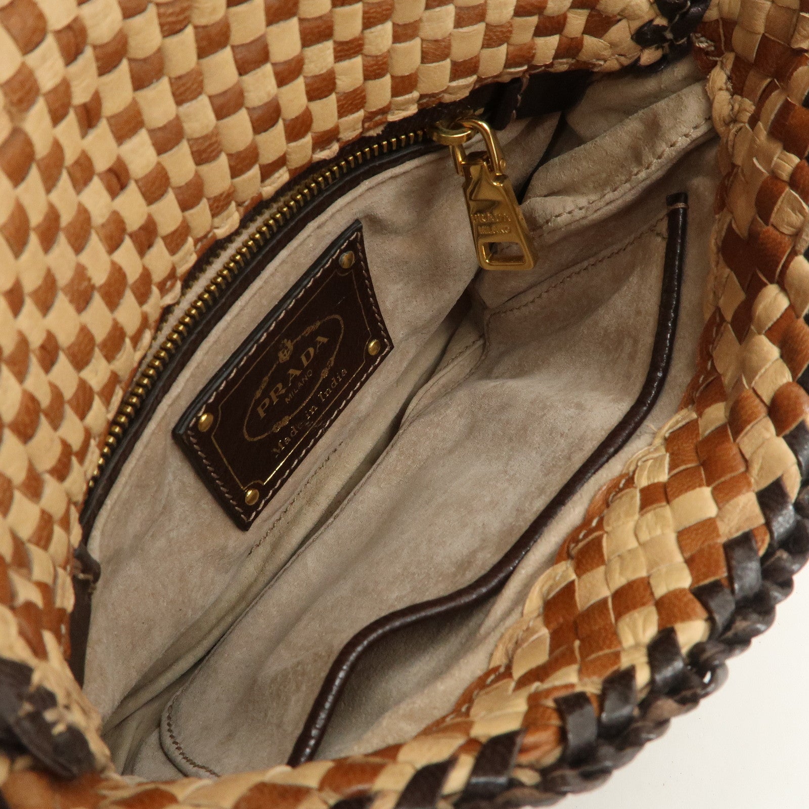 PRADA Madras Leather Shoulder bag Beige Brown BT781V Used