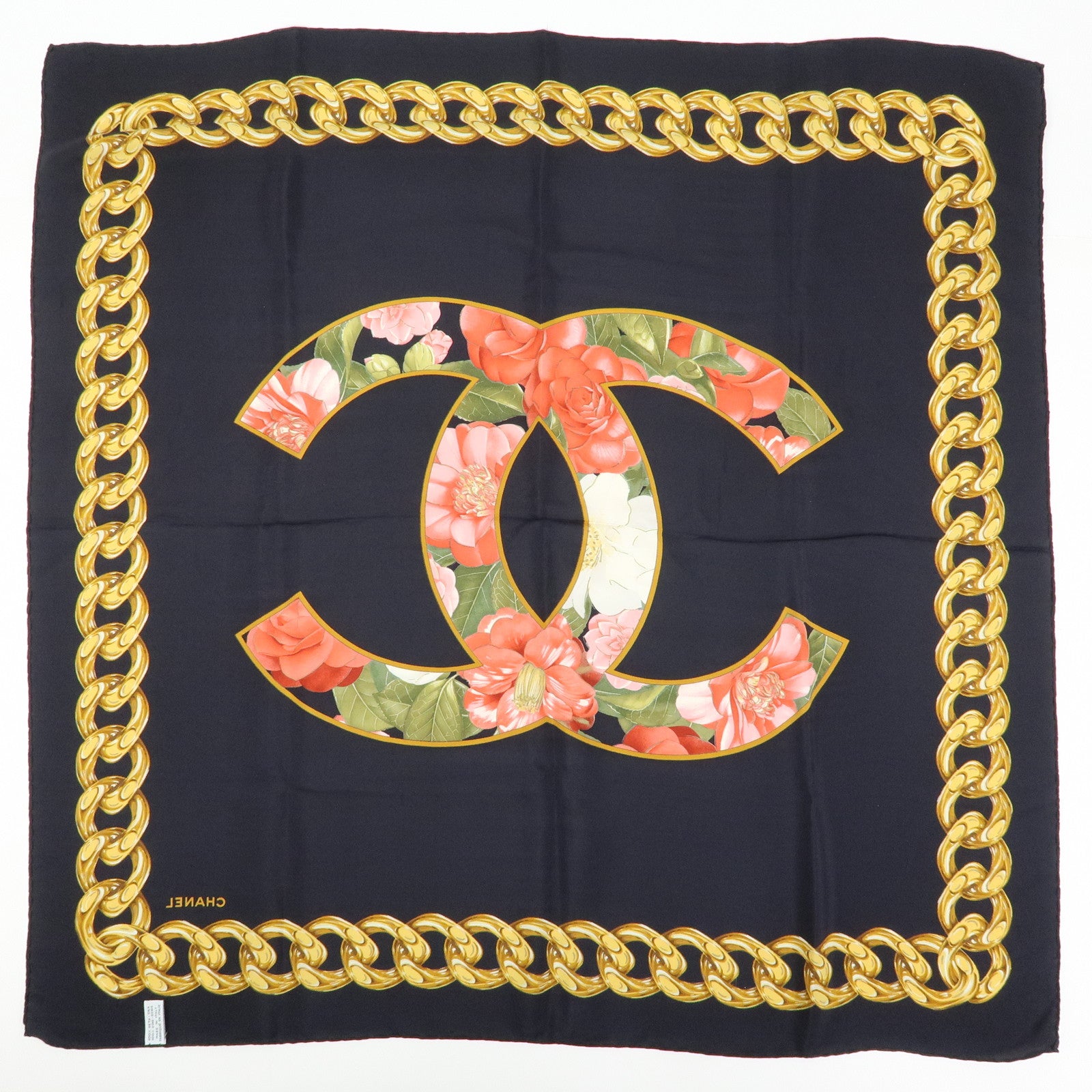 CHANEL COCO Mark Silk 100% Scarf Floral Motif Black Gold