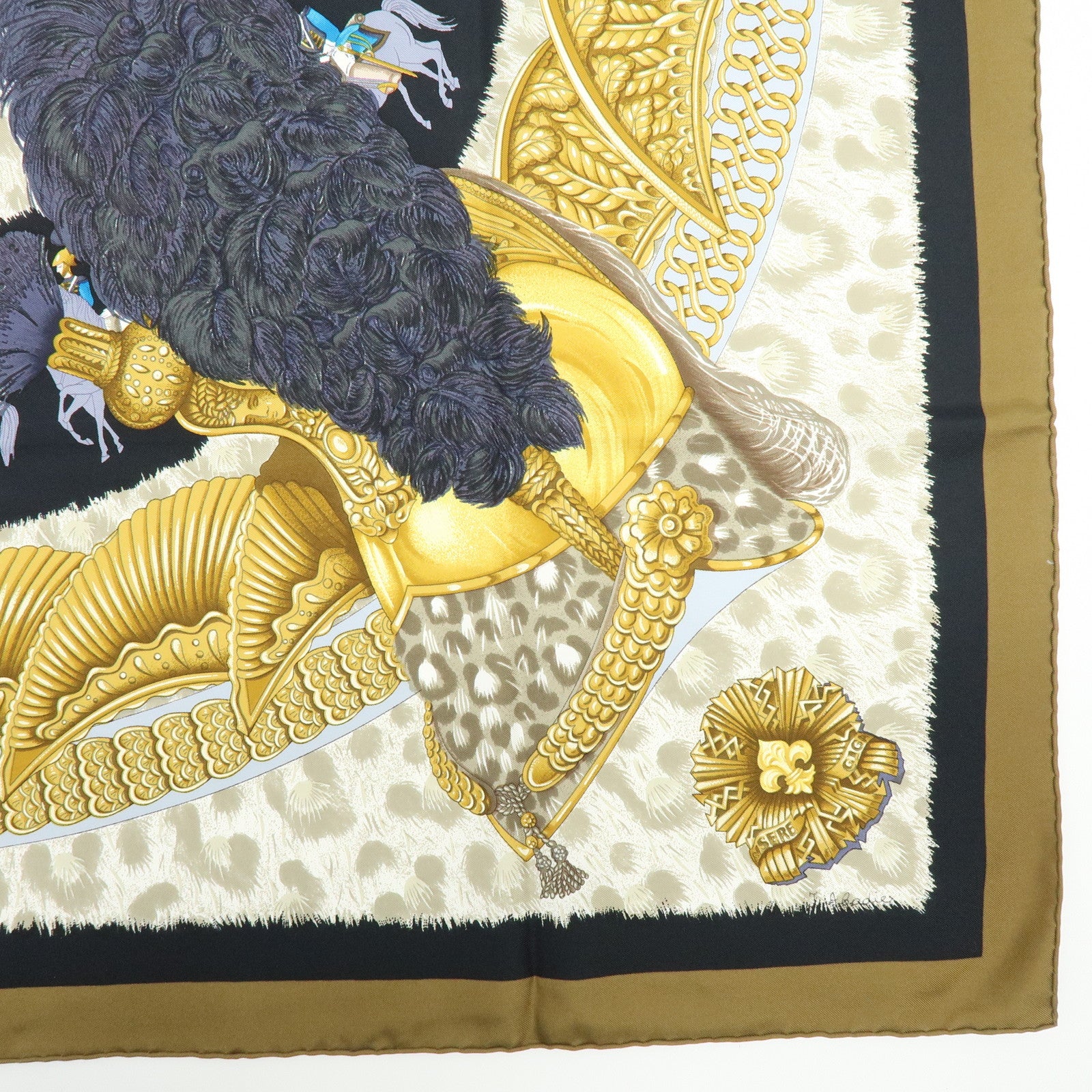 HERMES Carre 90 Silk 100% Scarf CASQUES et PLUMETS Black Brown