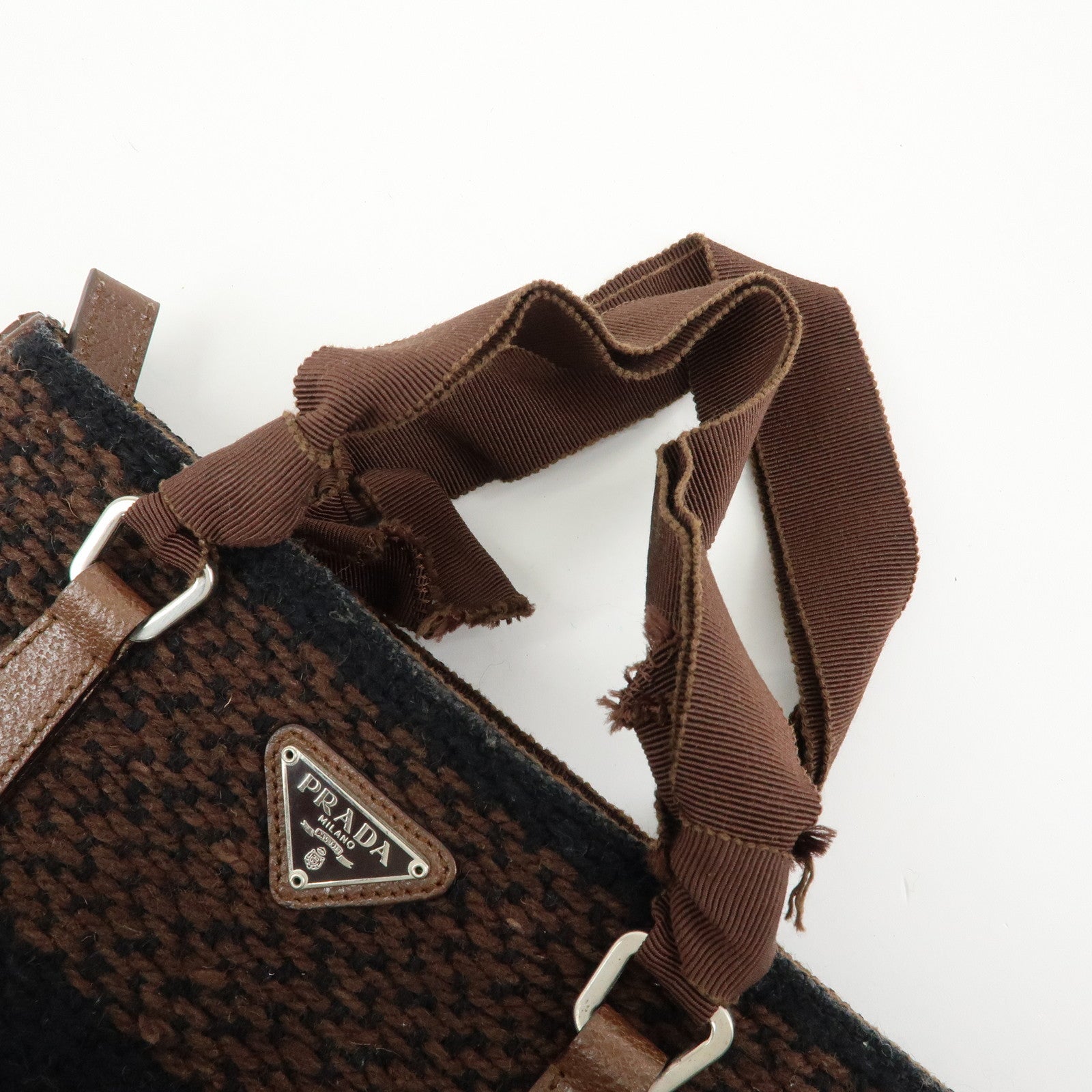 PRADA Triangle Logo Tweed Canvas Hand Bag Brown Black B11268