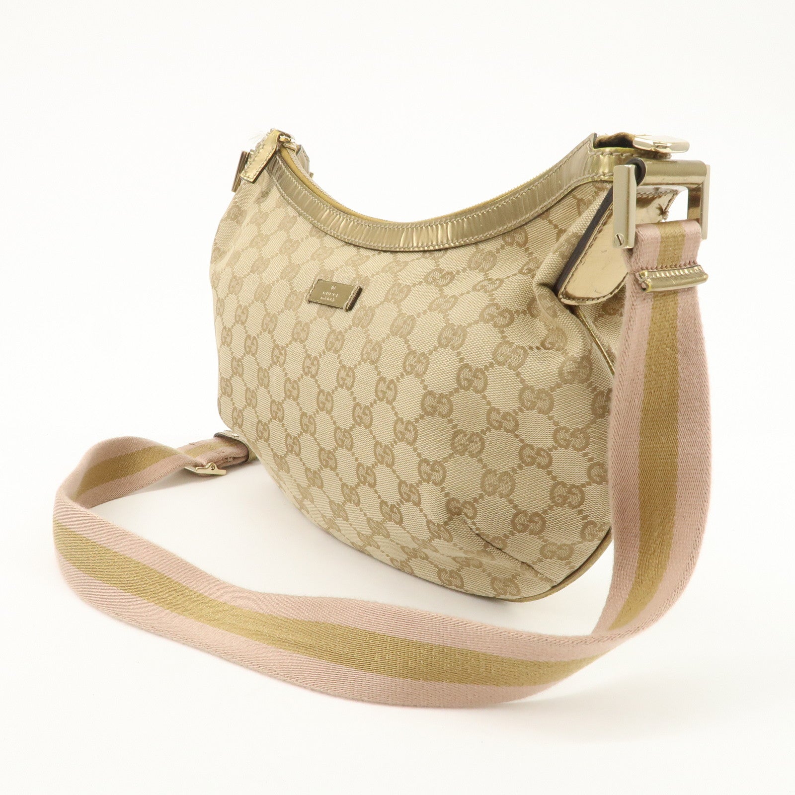 GUCCI GG Canvas Patent Leather Shoulder Bag Beige Gold 181092 Used