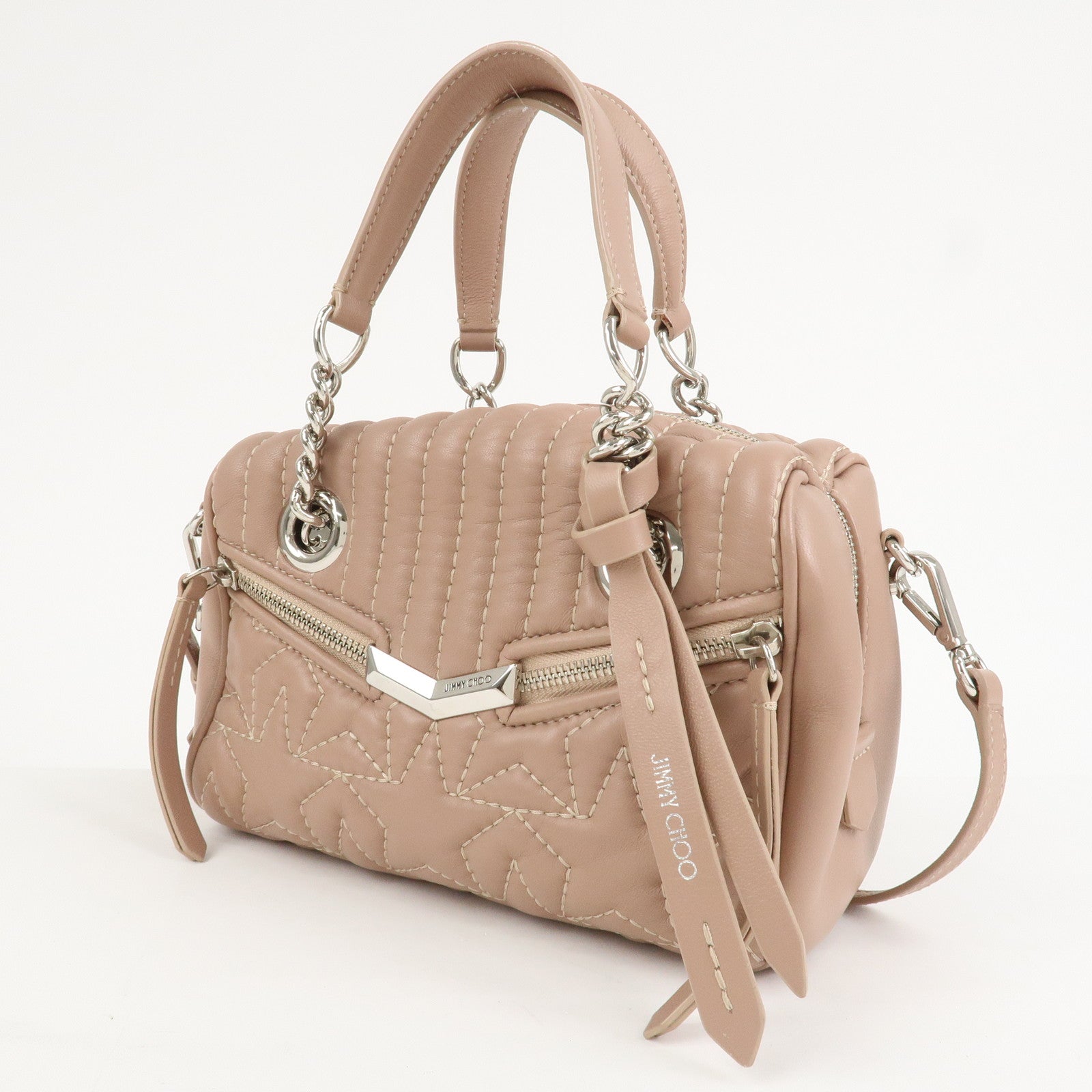 JIMMY CHOO Leather HELIA BOWLING S 2Way Hand Bag Pink Beige