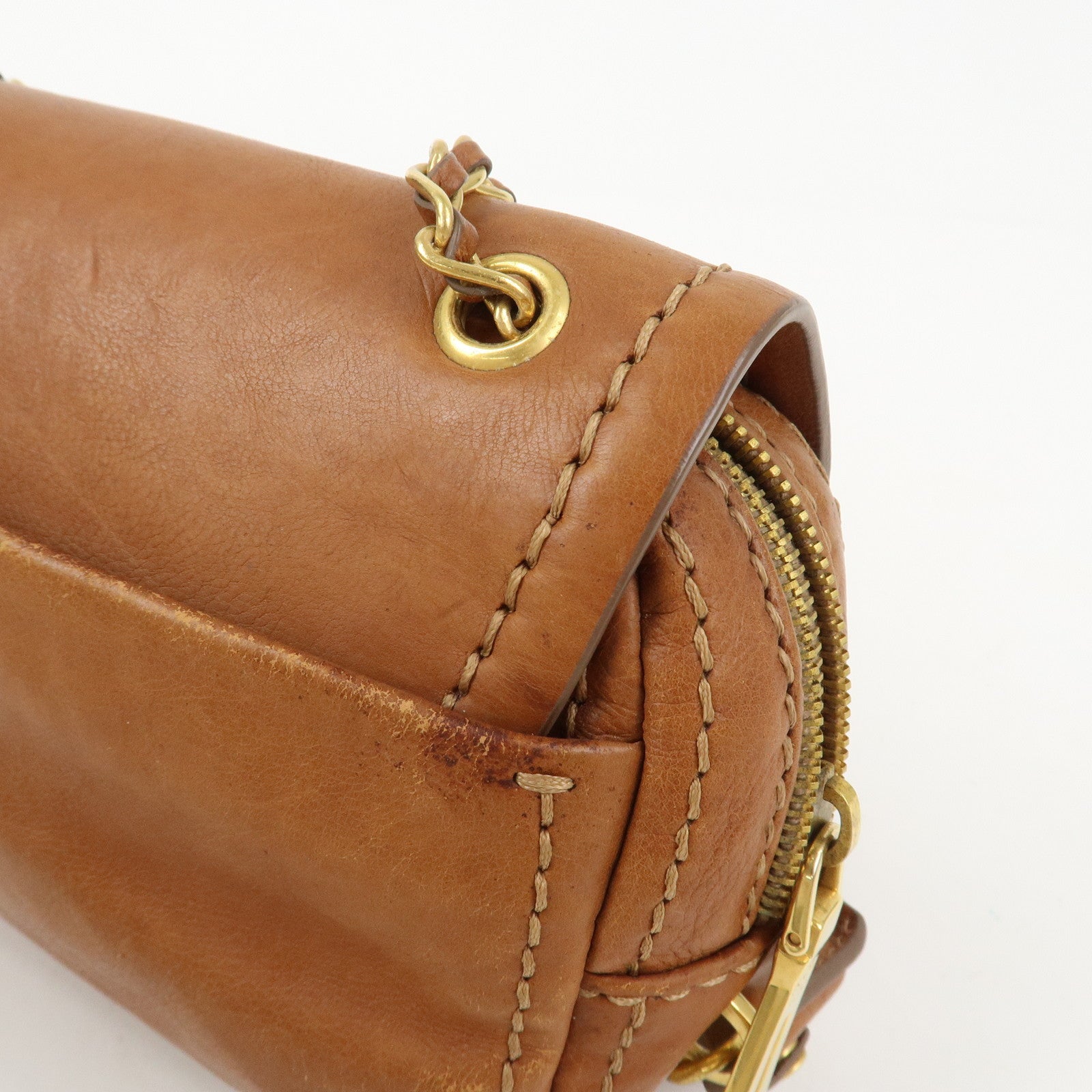 PRADA Logo Leather Chain Shoulder Bag Crossbody Bag Camel