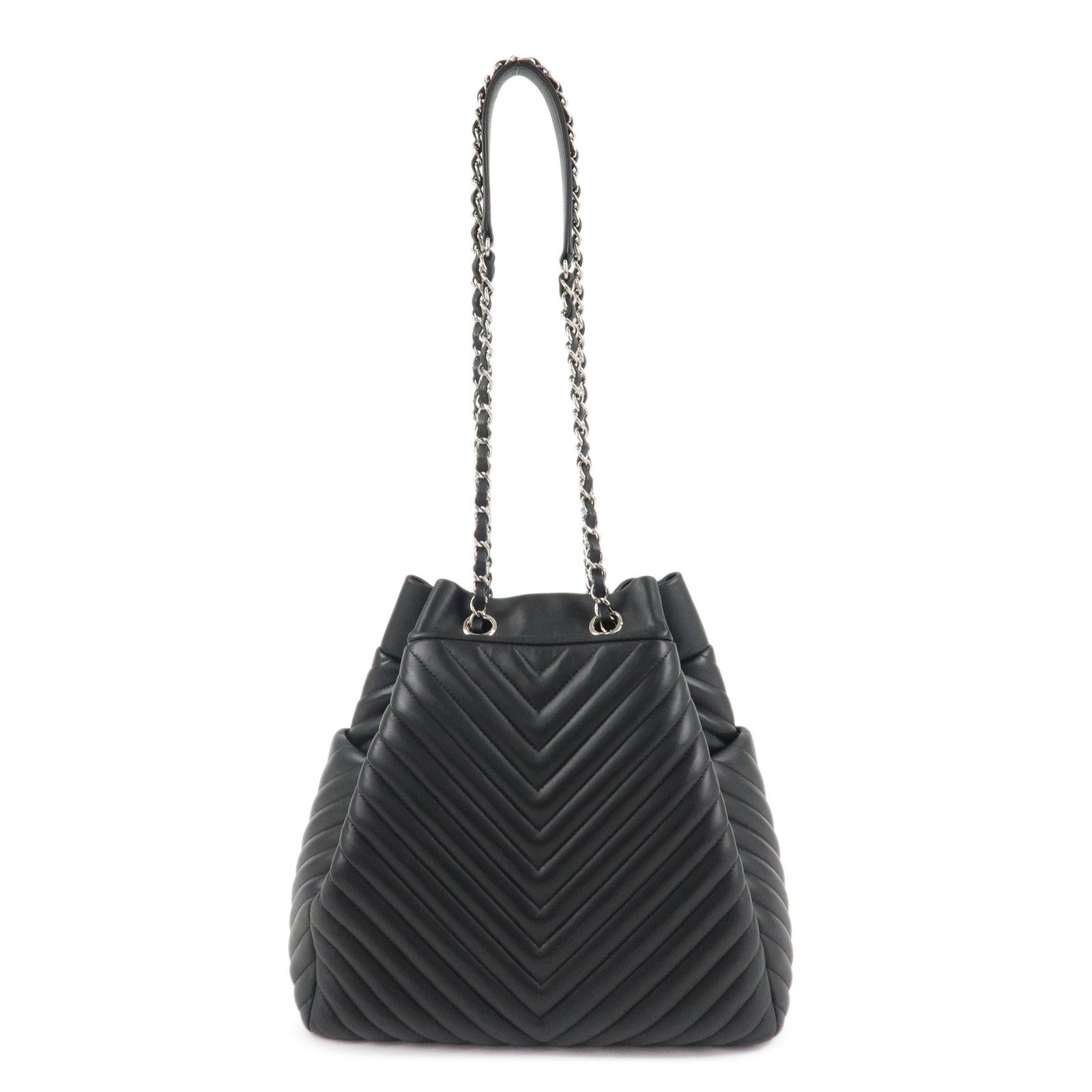 CHANEL Matelasse V Stich Calf Leather Chain Shoulder Bag Black A91135 Used