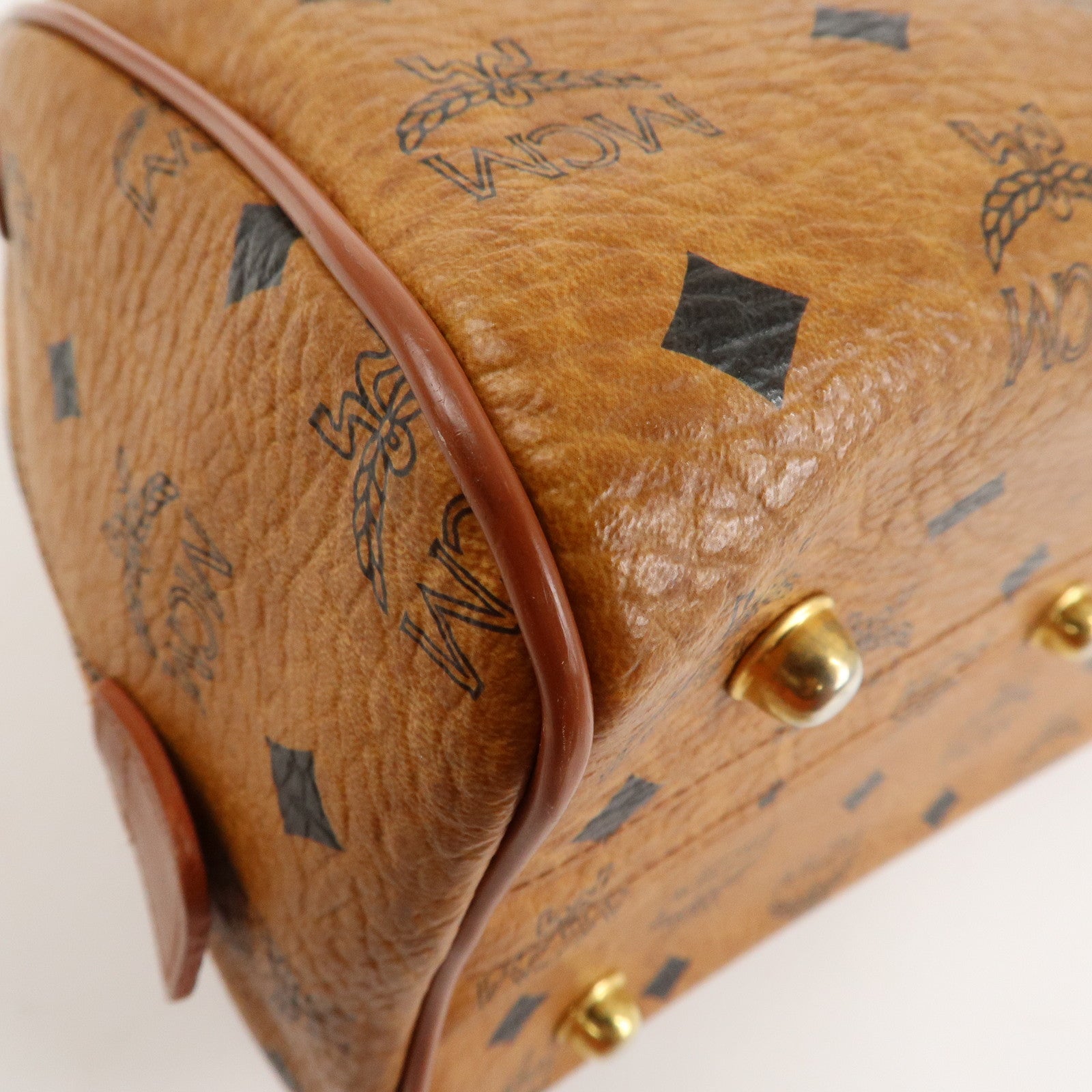 MCM Visetos Leather Boston Bag Hand Bag Brown Gold Hardware Used