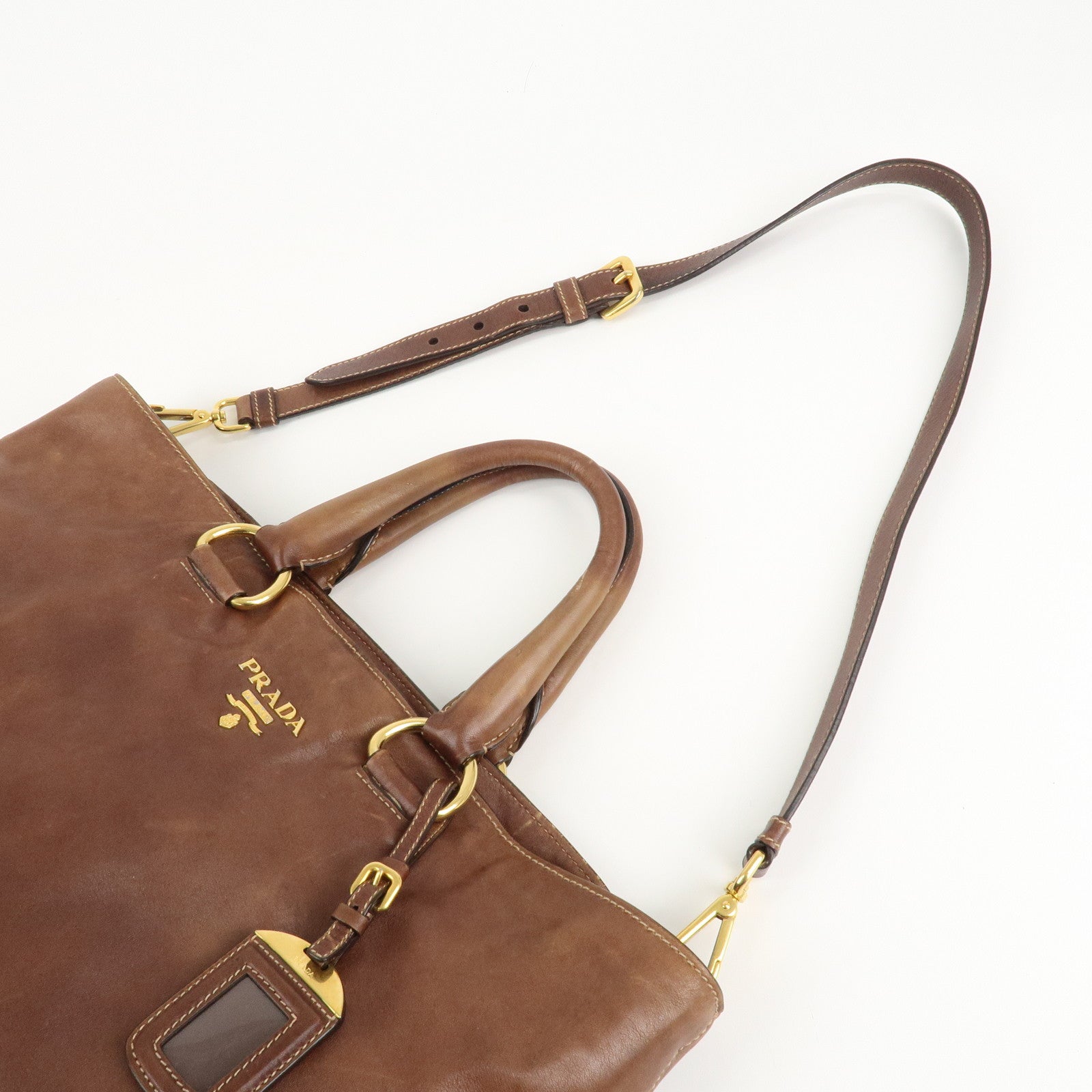 PRADA Logo Leather 2way Shoulder Bag Tote Bag Gold HDW Brown Used