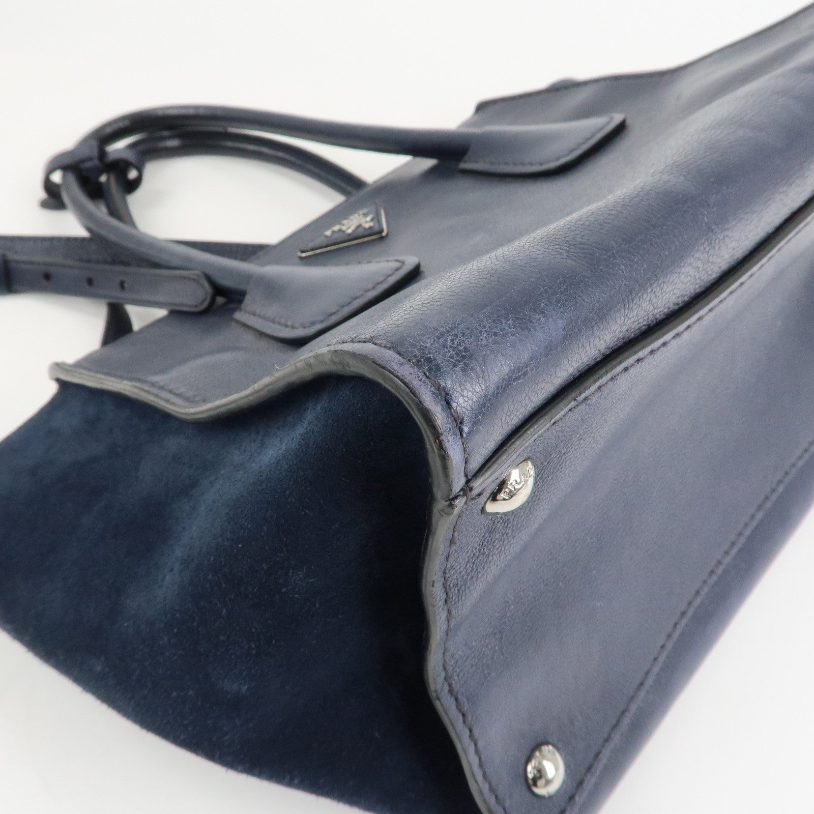 PRADA Triangle Logo Leather 2Way Bag Tote Bag Hand Bag Navy B2625M
