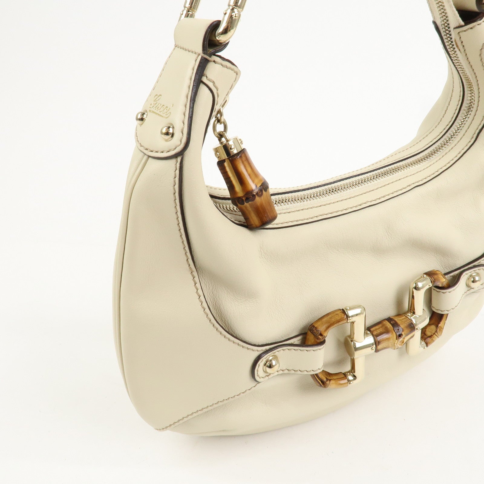 GUCCI Horsebit Bamboo Leather Shoulder Bag Ivory 154378