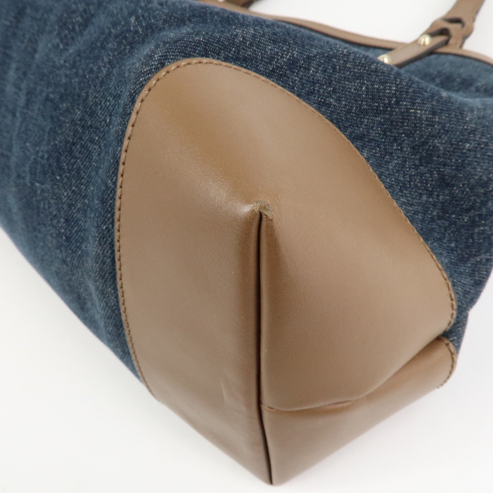 GUCCI Craft Denim Leather Tote Bag Hand Bag Navy Brown 348715