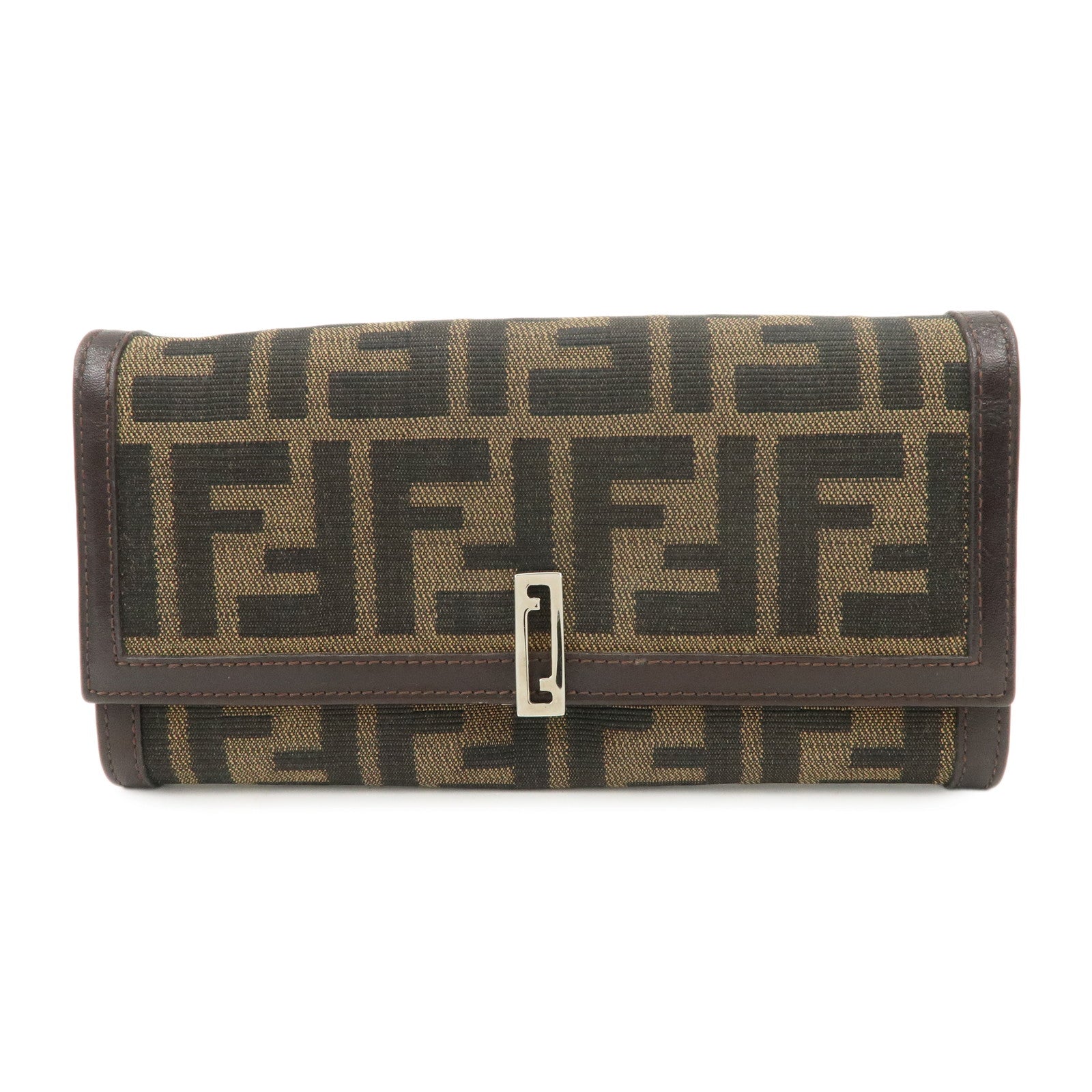 FENDI Zucca Canvas Leather Flap Long Wallet Brown 31084