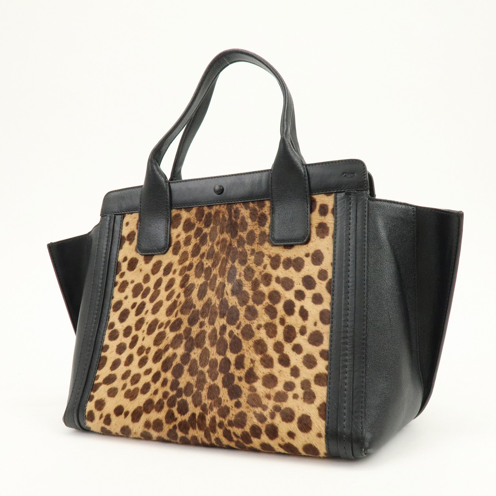 Chloe Allison Unborn Calf Leather Tote Bag Hand Bag Leopard Black