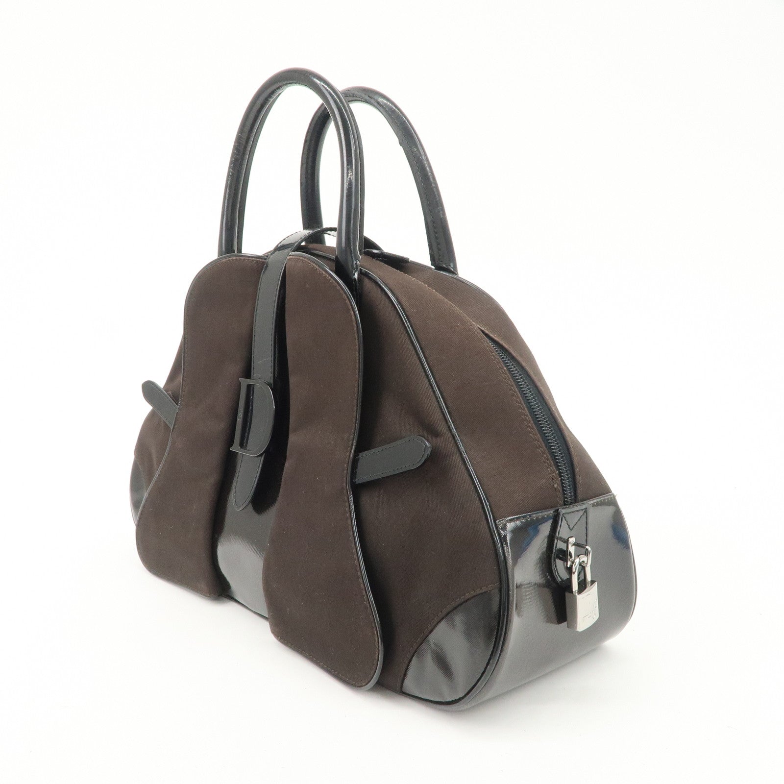 Christian Dior Double Saddle Canvas Patent Leather Hand Bag Used