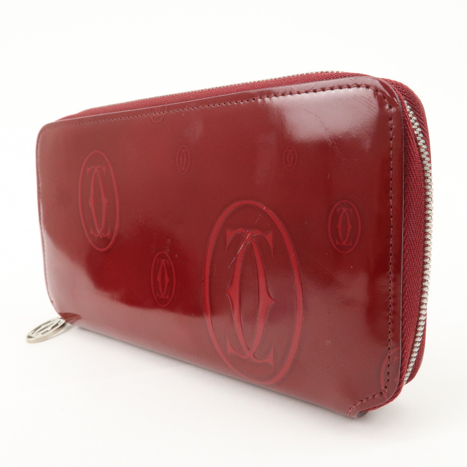 Cartier 2C Patent Leather Round Zippy Long Wallet Bordeaux Used