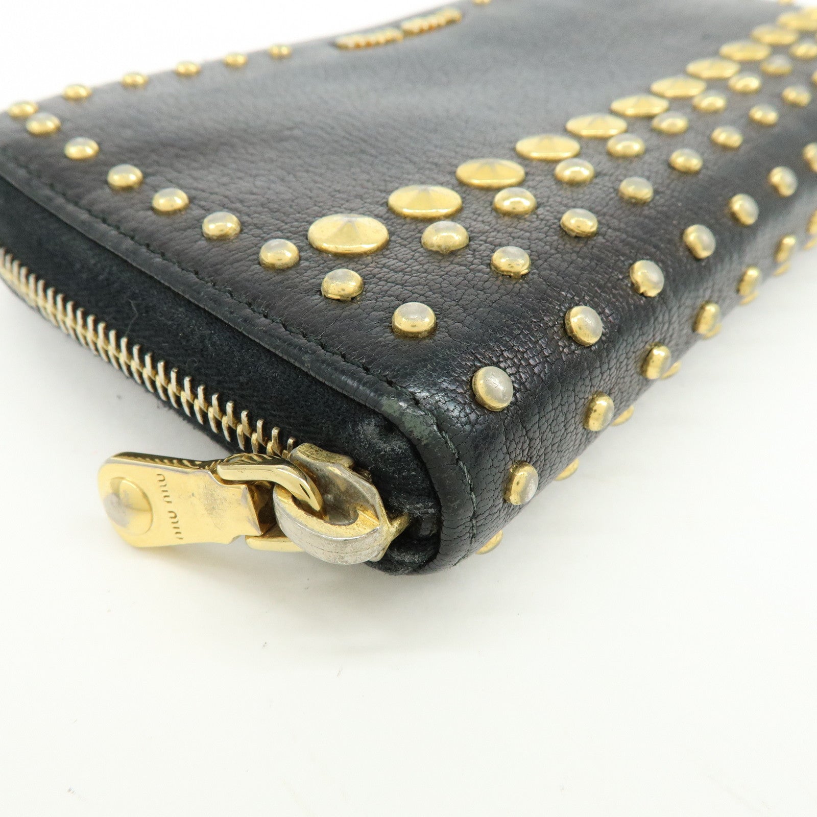 MIU MIU Logo Leather Studs Zippy Long Wallet Black 5M0506