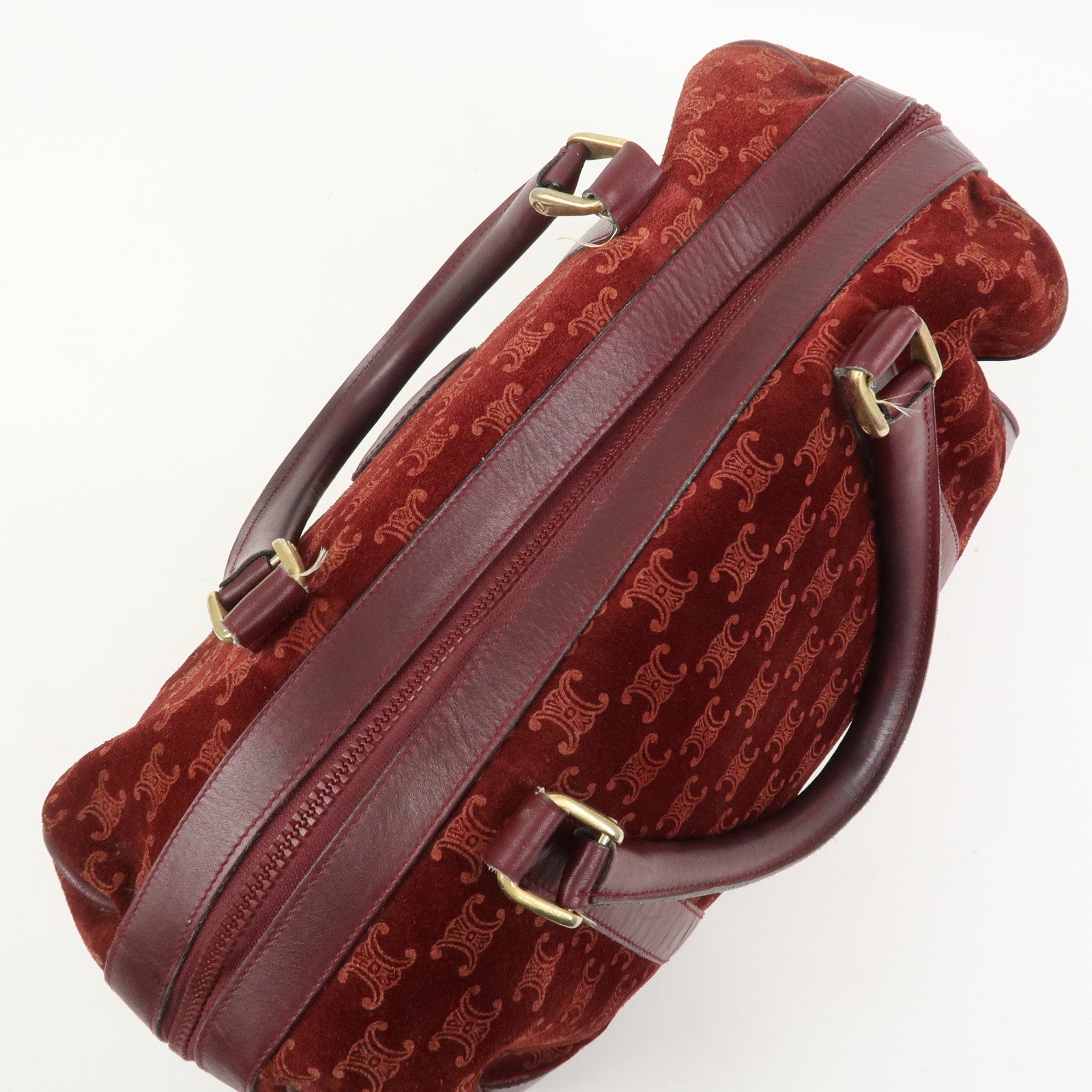 CELINE Macadam Logo Suede Leather Boston Bag Hand Bag Red Brown