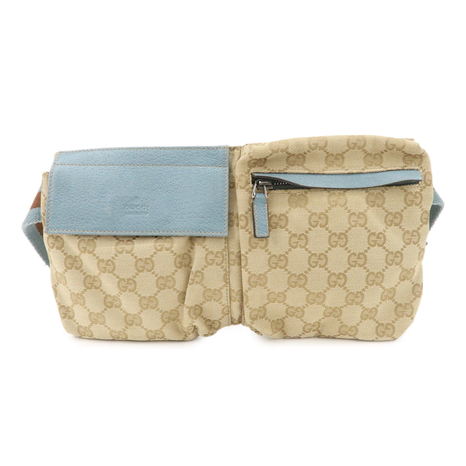 GUCCI GG Canvas Leather Waist Bag Crossbody Bag Light Blue 28566