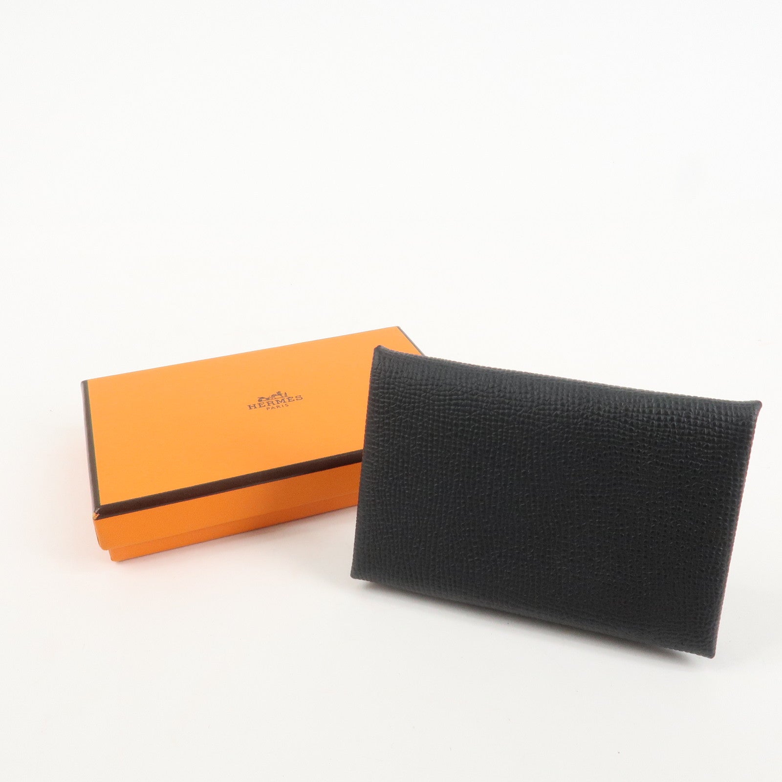 HERMES Epsom Leather CALVI Card Case Noir Black Used