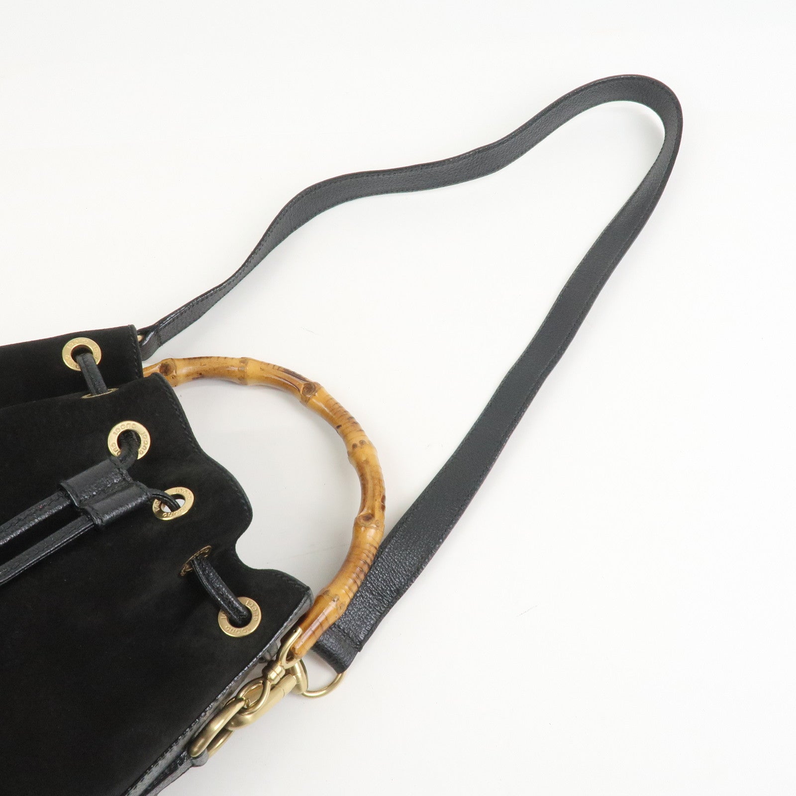 GUCCI Bamboo Logo Suede Leather 2WAY Bag Hand Bag Black 001・2855