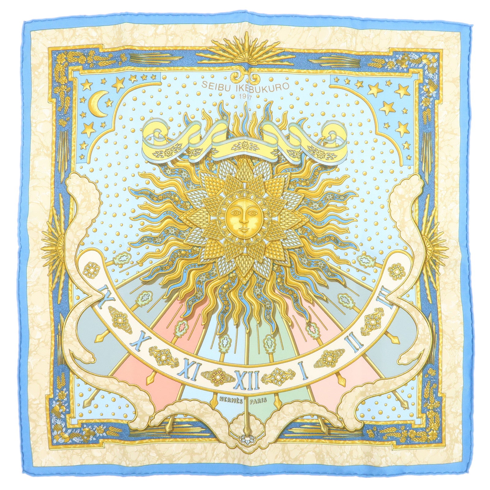 HERMES Petit Carre 40 Silk 100% GLORIA SOL Mini Scarf Beige Blue