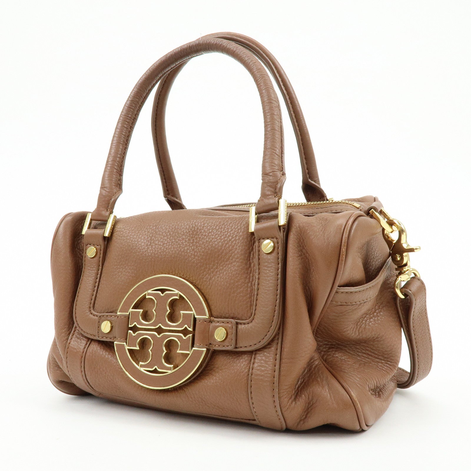 TORY BURCH Double T Leather 2Way Bag Hand Bag Mini Boston Bag Brown