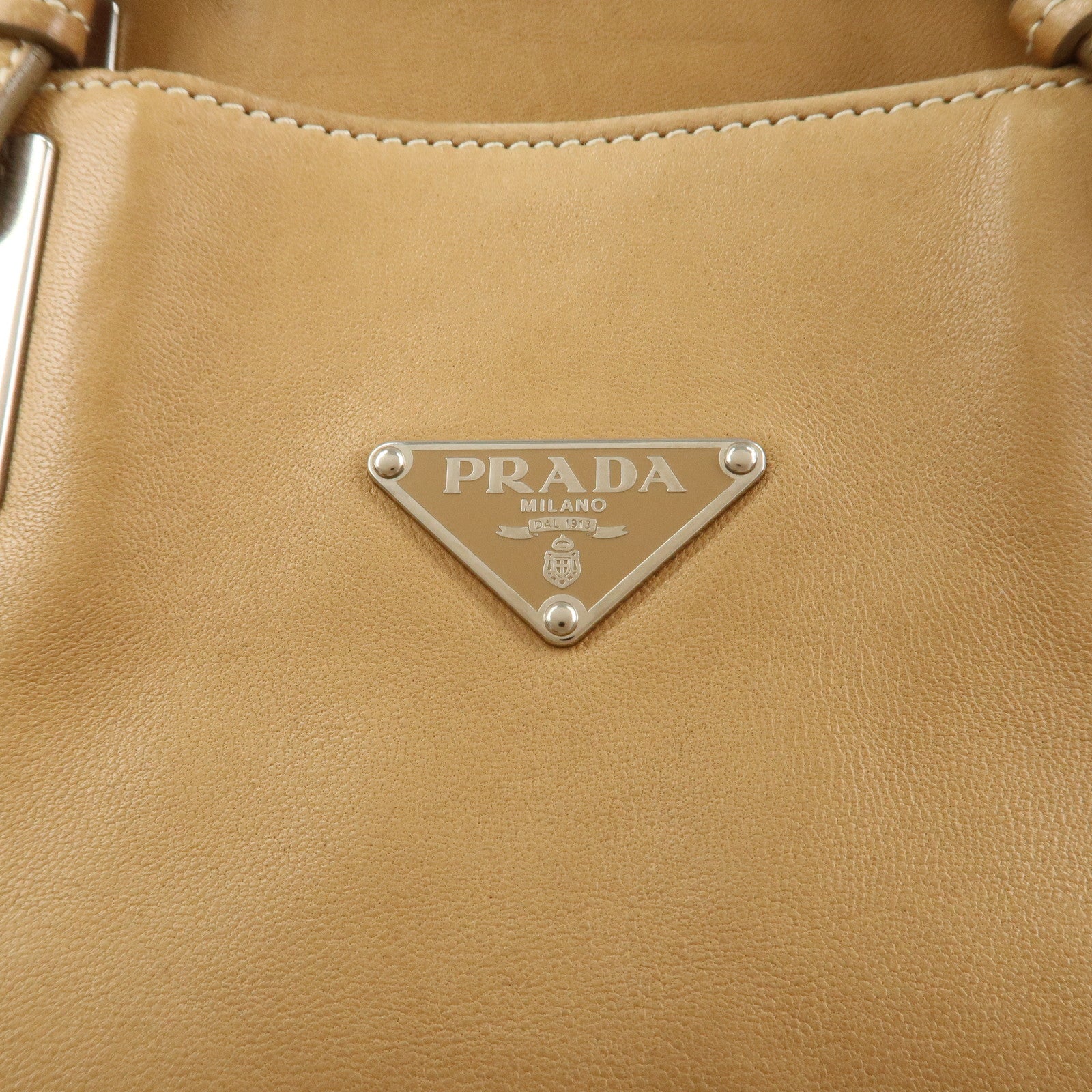 PRADA Triangle Logo Lambskin Tote Bag Shoulder Bag Beige BR1566