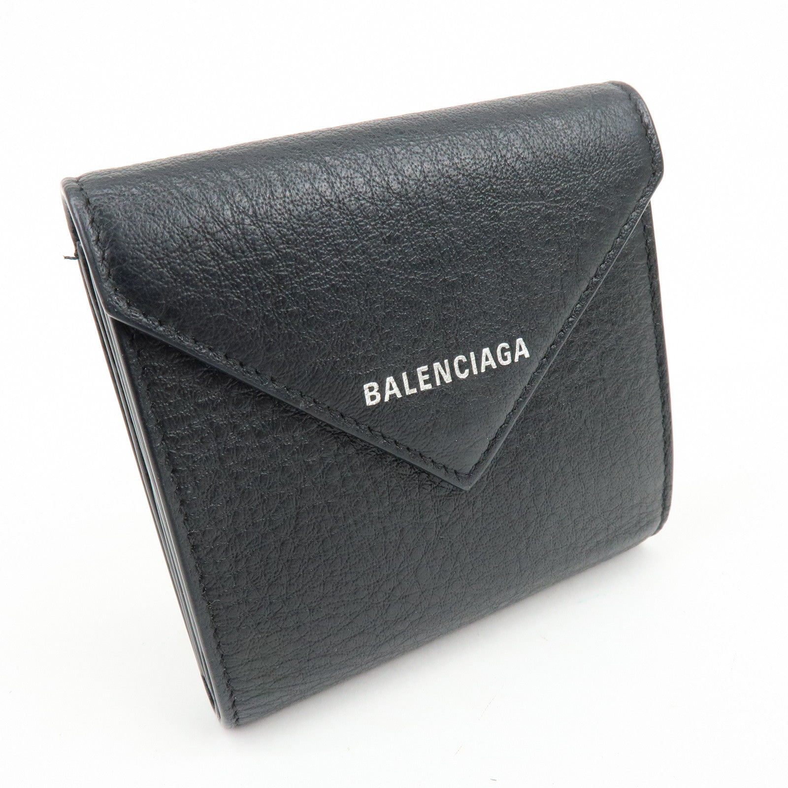 BALENCIAGA Logo Leather Bi-fold Compact Flap Wallet Black 637450