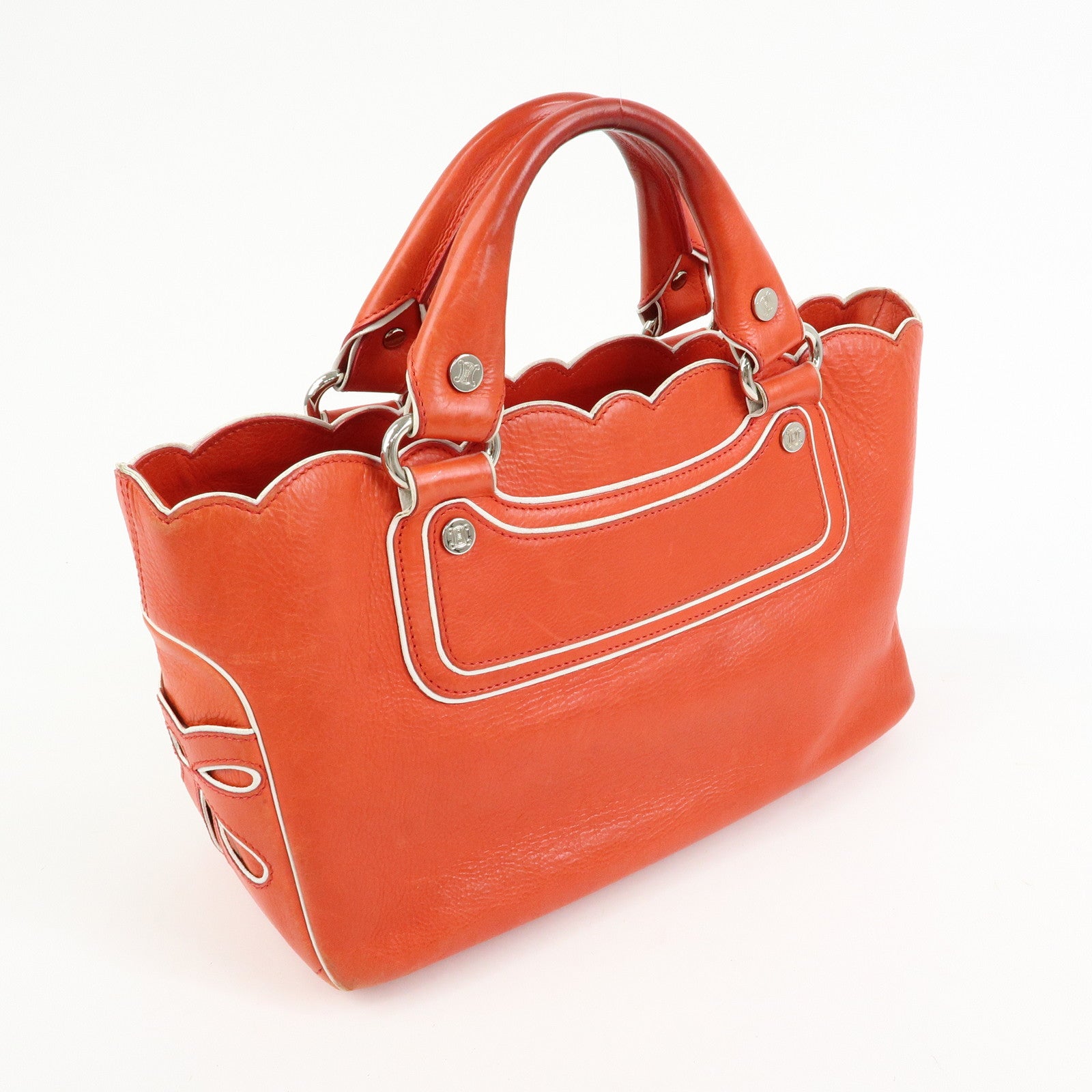 CELINE Scalloped Boogie Bag Leather Hand Bag Tote Bag Orange White