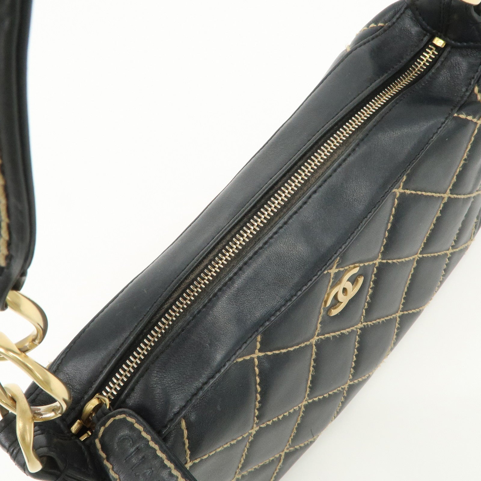 CHANEL COCO Mark Wild Stich Lamb Skin Chain Shoulder Bag Black Used